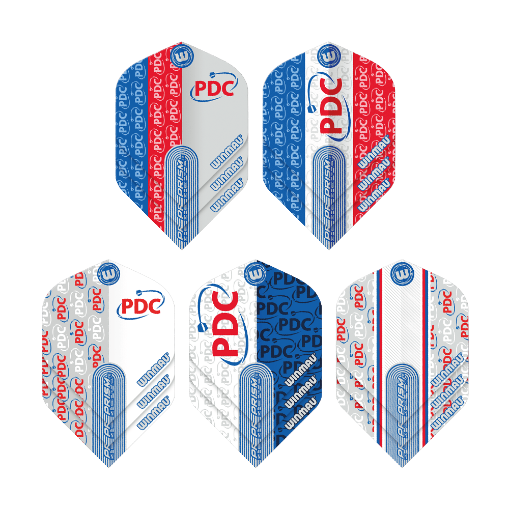 Kolekcja Winmau PDC Prism Flight Das Bild zeigt die "Winmau PDC Prism Flight Collection" mit fünf unterschiedlichen Dart-Flights. Die Flights sind in den Farben Blau, Rot und Weiß gehalten und mit den Logos "PDC" und "Winmau" bedruckt.