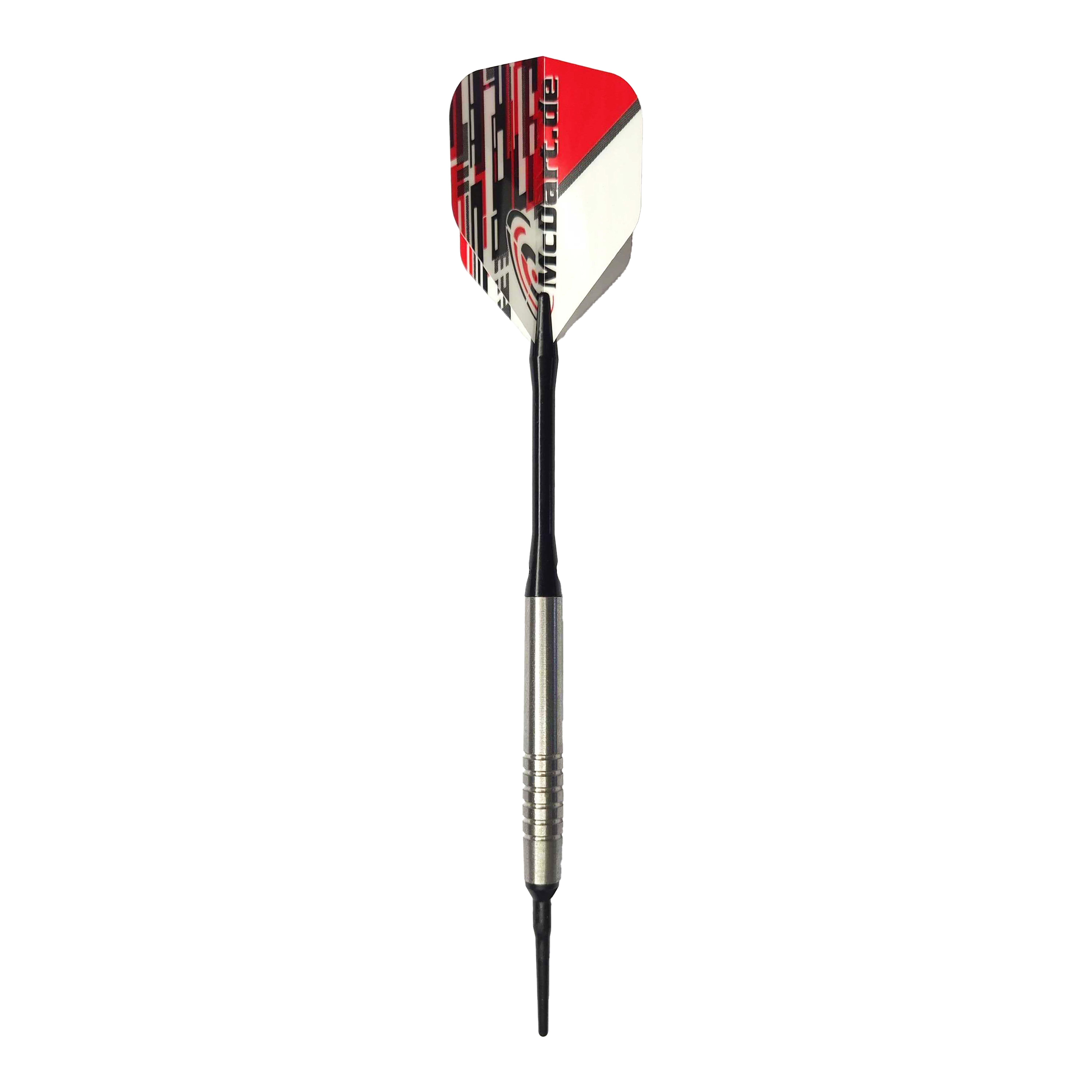 Lotki McDart 85 Tungsten V14 Soft Darts - 17g Das Bild zeigt einen McDart 85er Tungsten V14 Softdart mit einem Gewicht von 17 Gramm. Der Dart hat eine silberne Spitze, einen schwarzen Schaft und eine rot-weiße Flights.