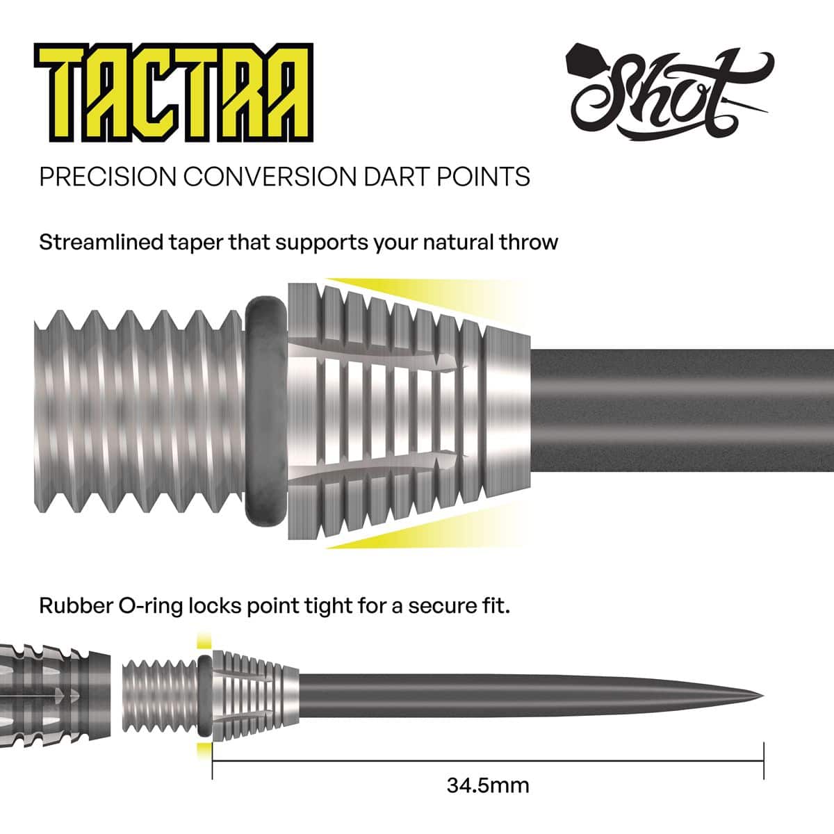 Punkty konwersji Shot Tactra - 34 mm Das Bild zeigt die Shot Tactra Conversion Points - 34 mm. Es handelt sich um spezielle Dartspitzen zum Umrüsten von Softdarts auf Steeldarts.