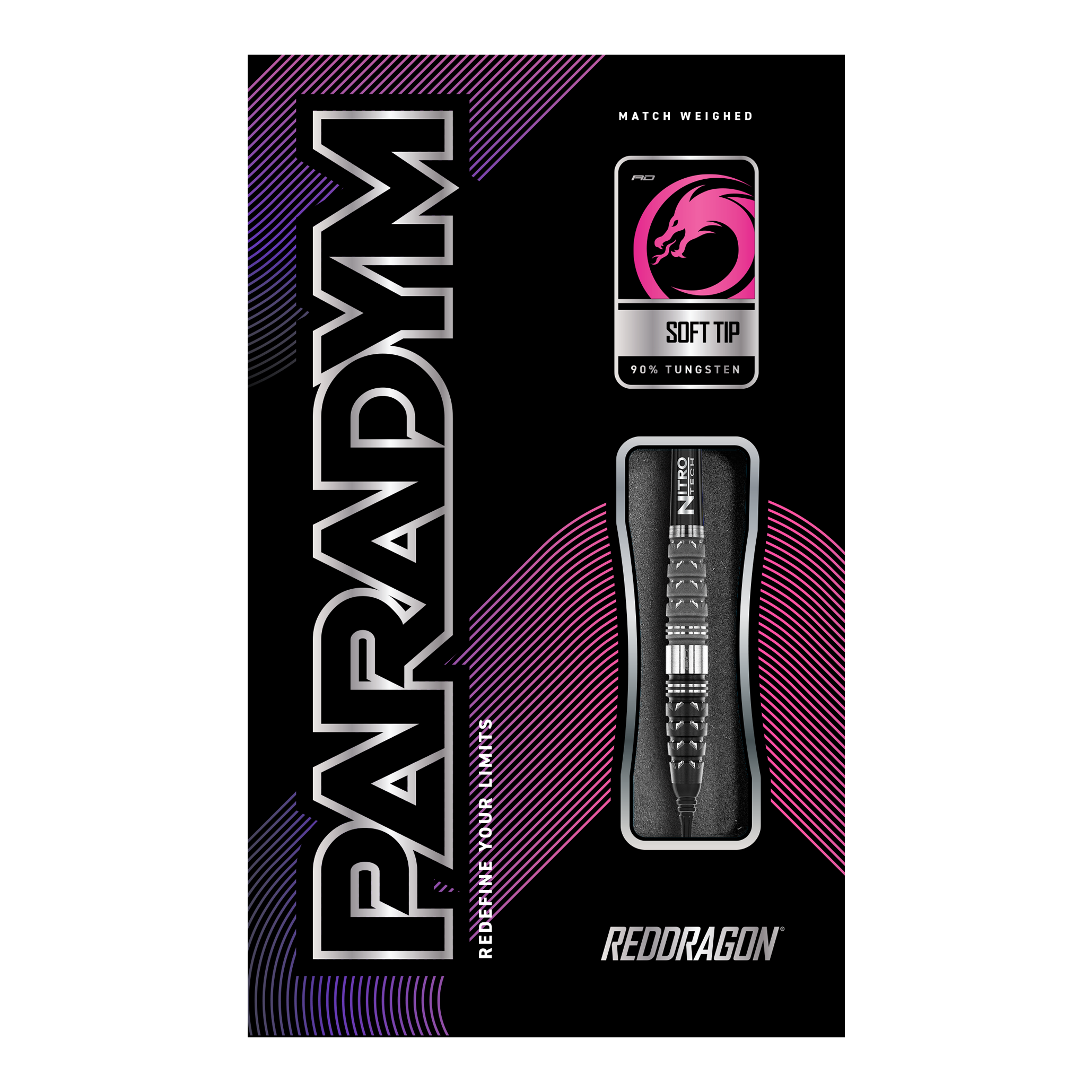 Red Dragon Paradym Torpedo Soft Darts - 20g Das Bild zeigt die Verpackung der Red Dragon Paradym Torpedo Softdarts mit einem Gewicht von 20g. Auf der Verpackung sind ein Dartpfeil, das Red Dragon Logo und moderne Designelemente in Schwarz, Pink und Lila zu sehen.