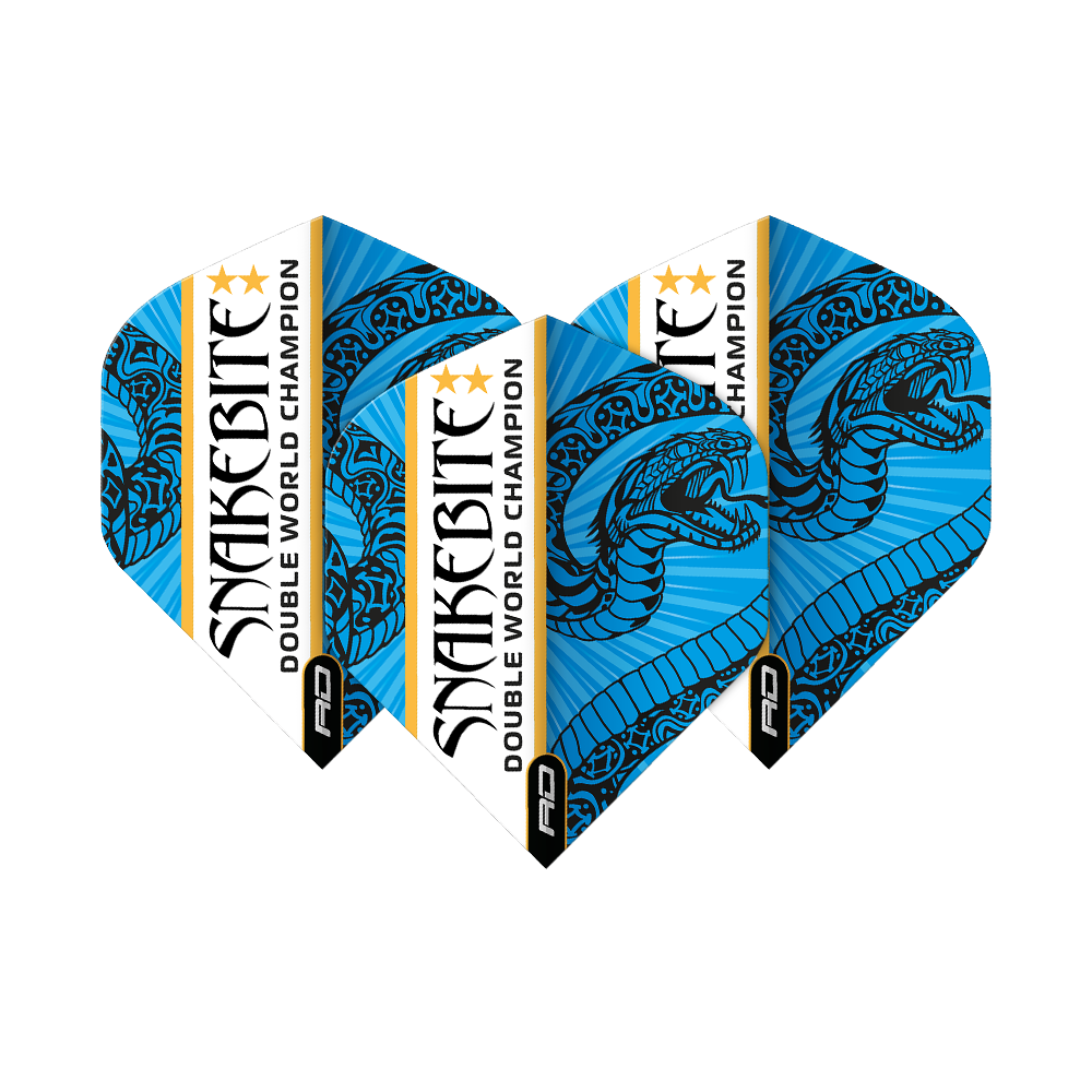 Das Bild zeigt drei blaue und weiße Dart-Flights mit dem Aufdruck „Snakebite Double World Champion“. Auf jedem Flight ist eine stilisierte Schlange abgebildet.