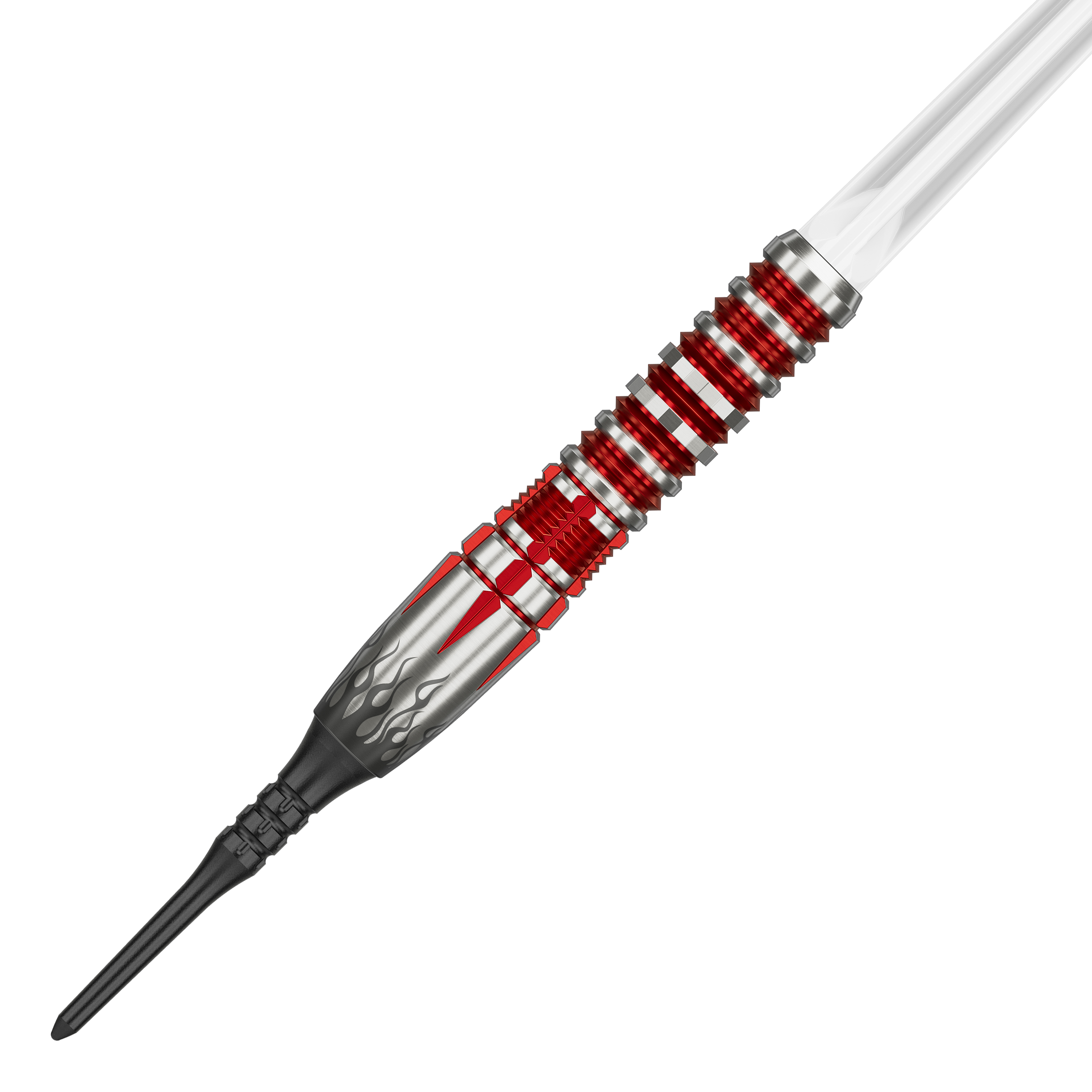 Das Bild zeigt einen stilvollen Softdartpfeil mit silbernen und roten Akzenten. Es handelt sich um das Modell "Target Japan Misumasa Hoshino Pyro GEN10 MAX Softdarts – 19g".