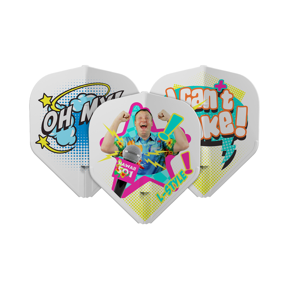 Loty Wayne'a Mardle'a typu B w stylu L, białe, L1EZ Das Bild zeigt drei Dartflights mit bunten, auffälligen Designs und Comic-Schriftzügen. Auf einem Flight ist ein jubelnder Mann abgebildet, während die anderen Sätze wie "OH MY!" und "I can't take!" zeigen.