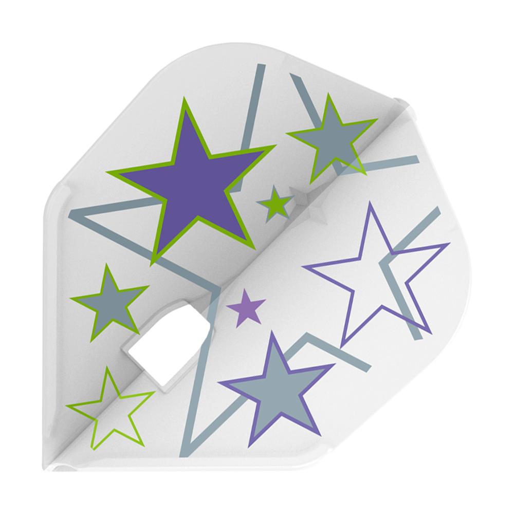 L-Style Ryan Murray V1 White L3PRO Flights Das Bild zeigt einen weißen Dartflug mit mehreren bunten Sternen in Lila, Grau und Grün als Design. Es handelt sich um das Produkt "L-Style Ryan Murray V1 White L3PRO Flights".
