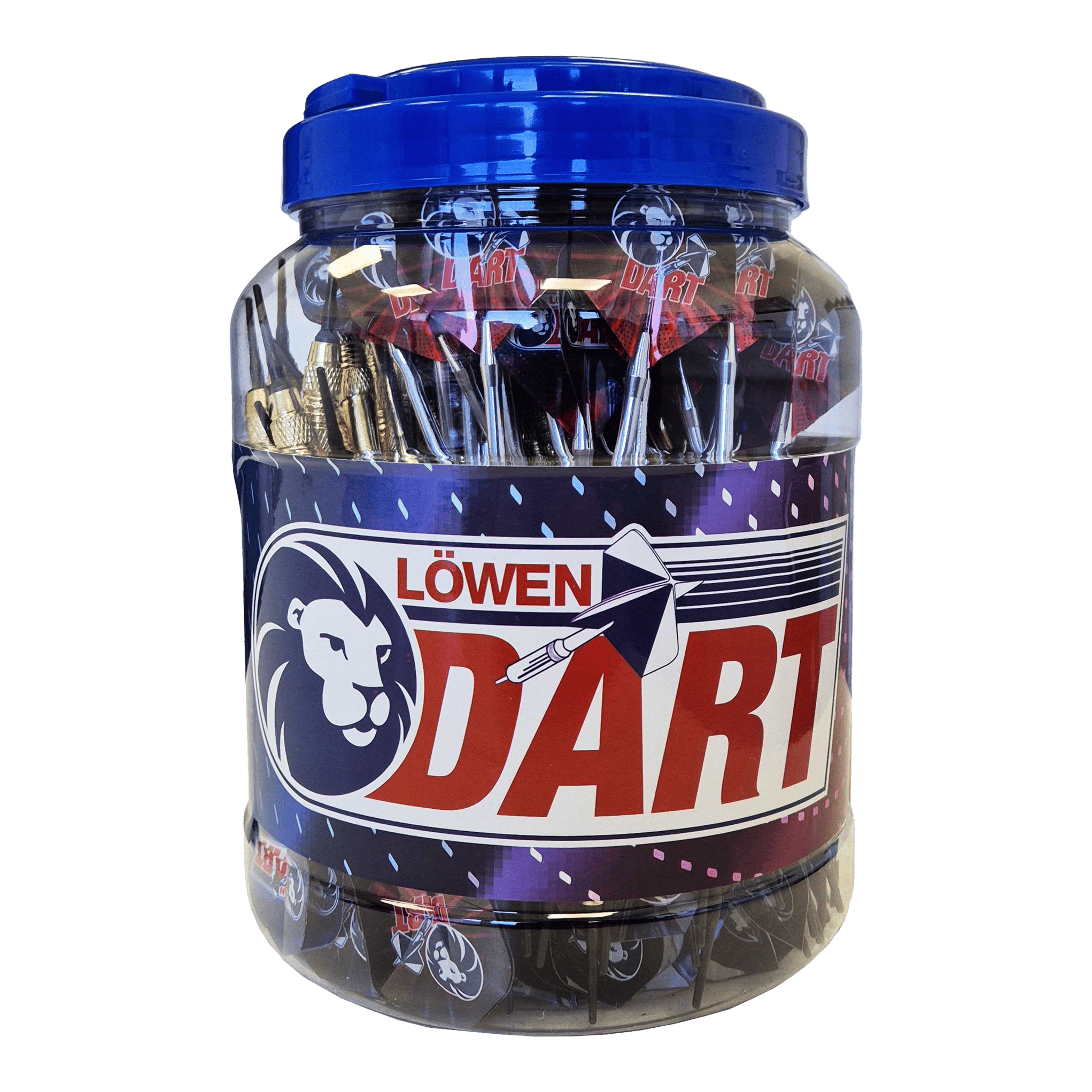 Das Bild zeigt ein großes Plastikgefäß mit einem blauen Deckel, das mit vielen Soft-Tip-Darts gefüllt ist. Auf dem Behälter steht die Aufschrift "Löwen Dart" und das Produkt heißt "99 Löwen Soft-Tip Darts - 18g".