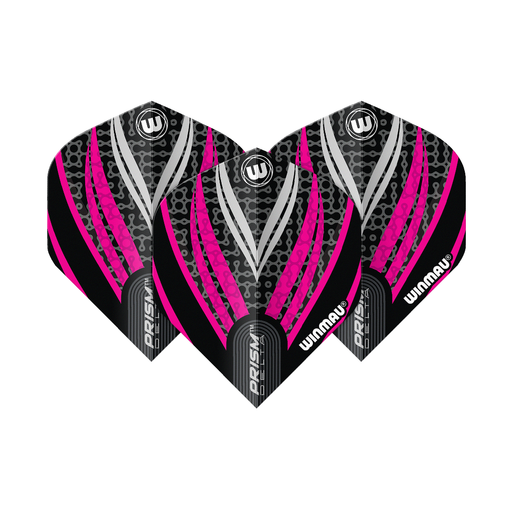 Das Bild zeigt drei Dart-Flights des Modells "Winmau Prism Delta Schwarz Weiß Pink No2 Standard". Die Flights haben ein auffälliges Design in Schwarz, Pink und Weiß mit dem Winmau-Logo.