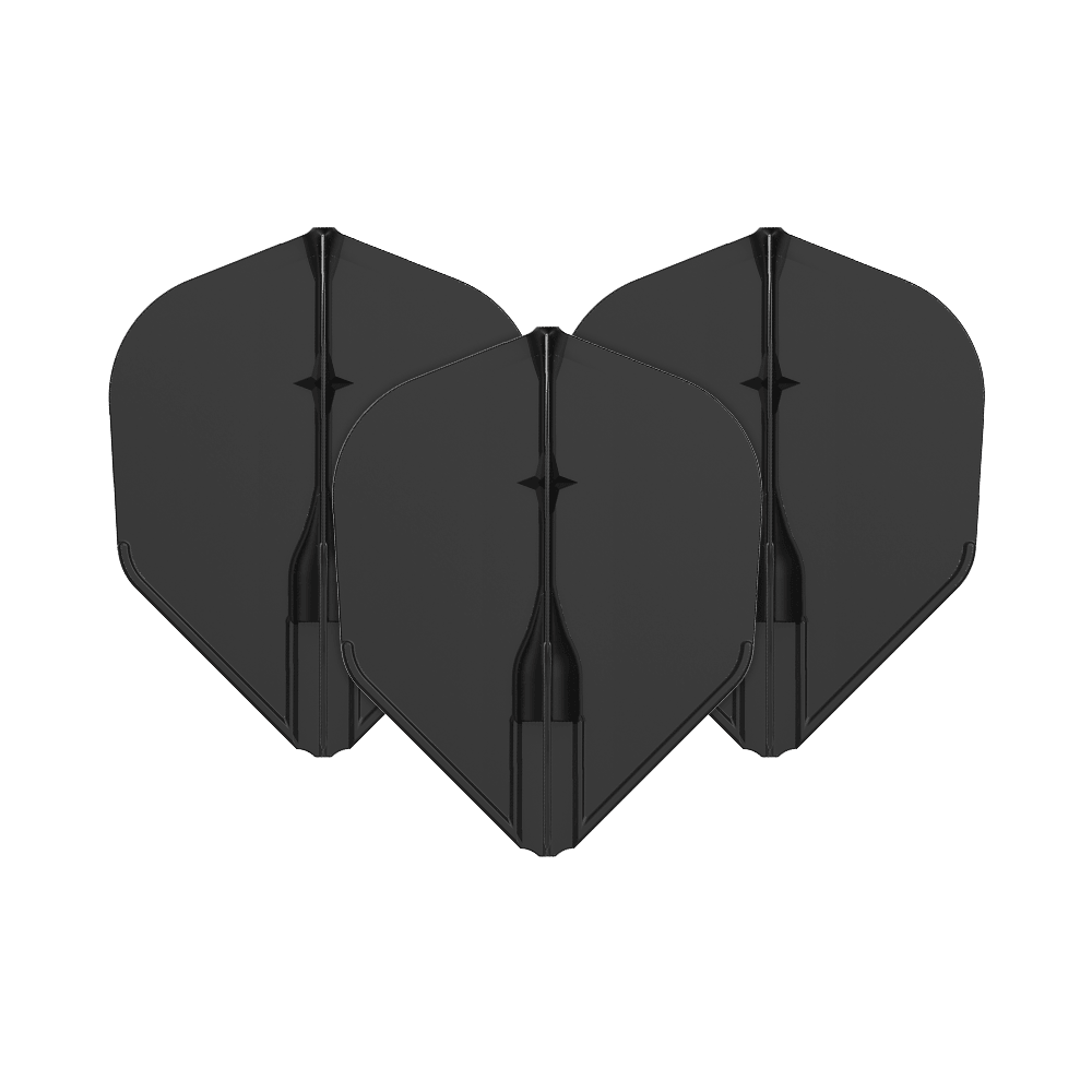 Loty L-L-Style3EZ Auf dem Bild sind drei schwarze Dartflights zu sehen. Sie sind in einer Reihe angeordnet und haben eine klassische Form.