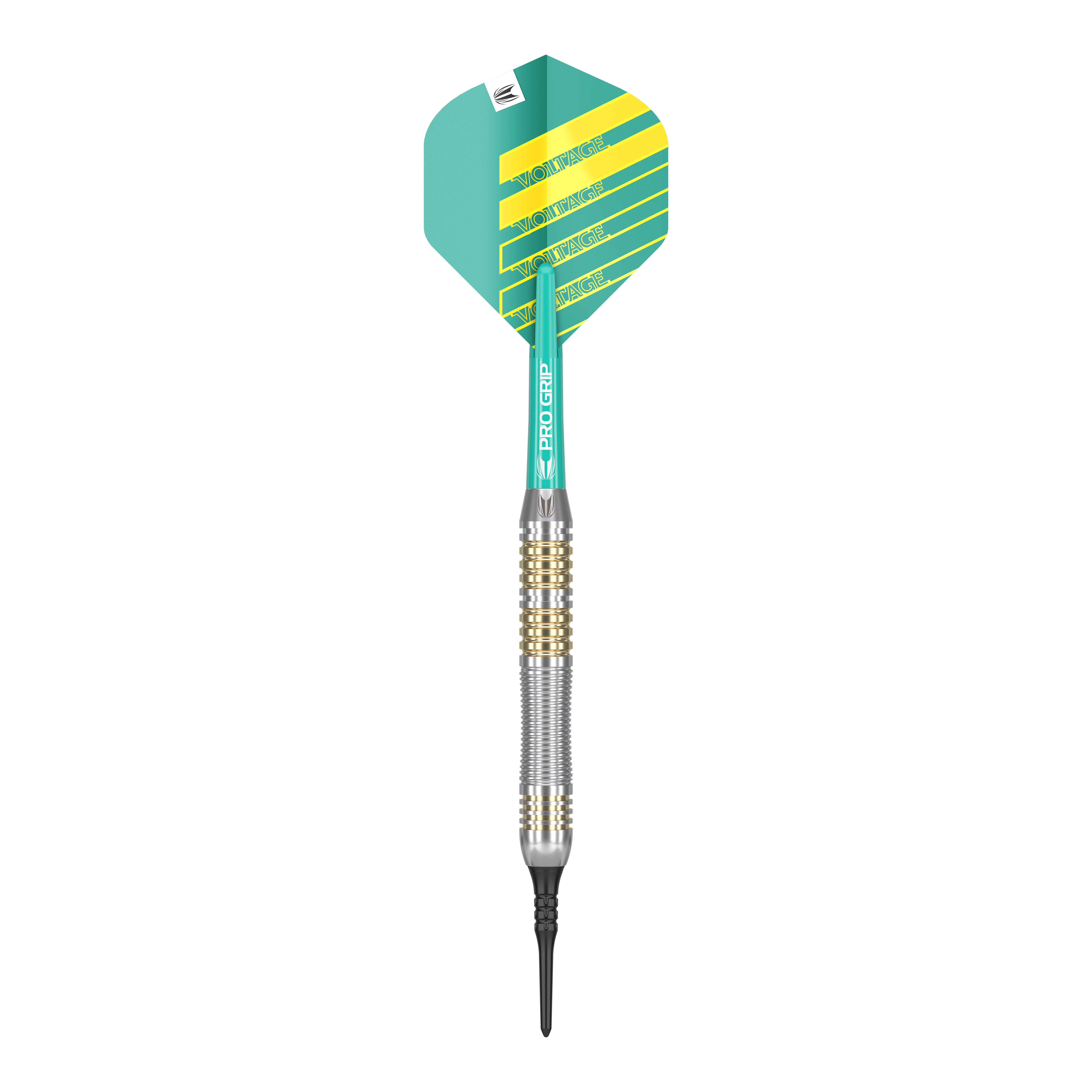 Lotki miękkie Target Rob Cross Brass - 18g Das Bild zeigt einen Softdart der Marke "Target Rob Cross Brass Softdarts - 18g". Der Dart hat eine grün-gelbe Flight und einen silber-goldenen Schaft.
