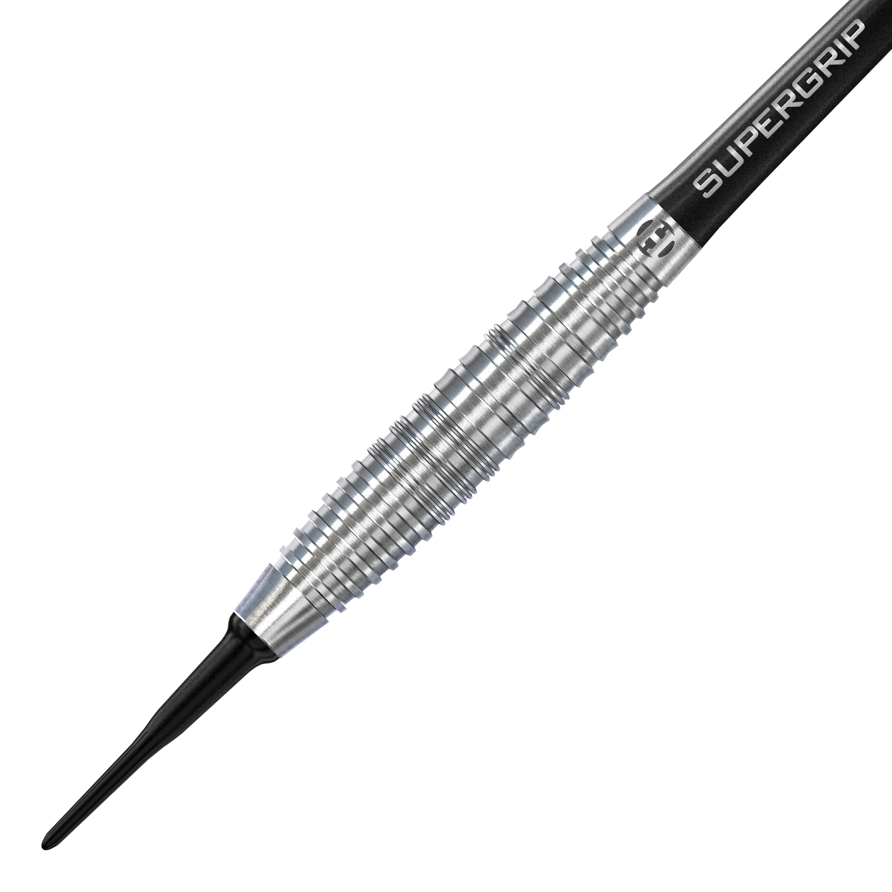 Harrows NX90 Bomb Soft Darts Das Bild zeigt einen Harrows NX90 Bomb Softdart. Der Dart hat eine silberne, geriffelte Metallspitze und einen schwarzen Schaft mit der Aufschrift "SUPERGRIP".