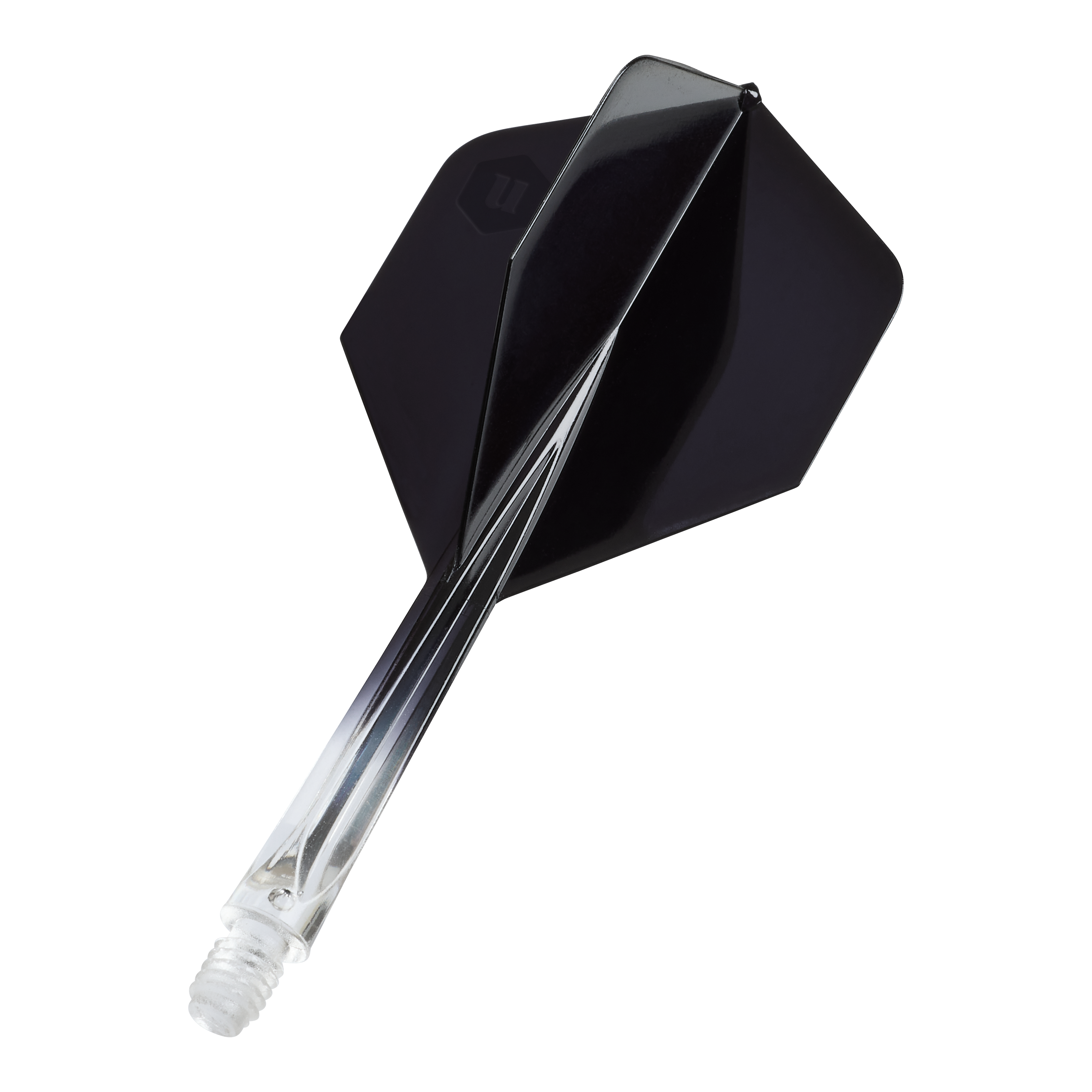 Unicorn Forge Dwukolorowe No2 Standardowe Lotki - Przezroczysta Czerń Das Bild zeigt die Unicorn Forge Two Tone No2 Standard Flights in Schwarz. Es handelt sich um Flights für Dartpfeile mit klarem und schwarzem Design.
