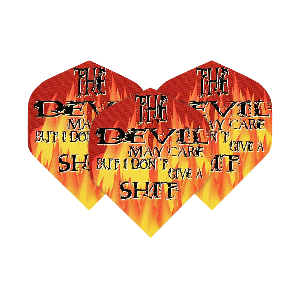 Loty pięcioboju: Diabeł może się tym przejmować Das Bild zeigt drei Dartflights mit Flammenmuster und auffälligem Schriftzug. Auf den Flights steht: "The Devil may care but I don't give a shit."