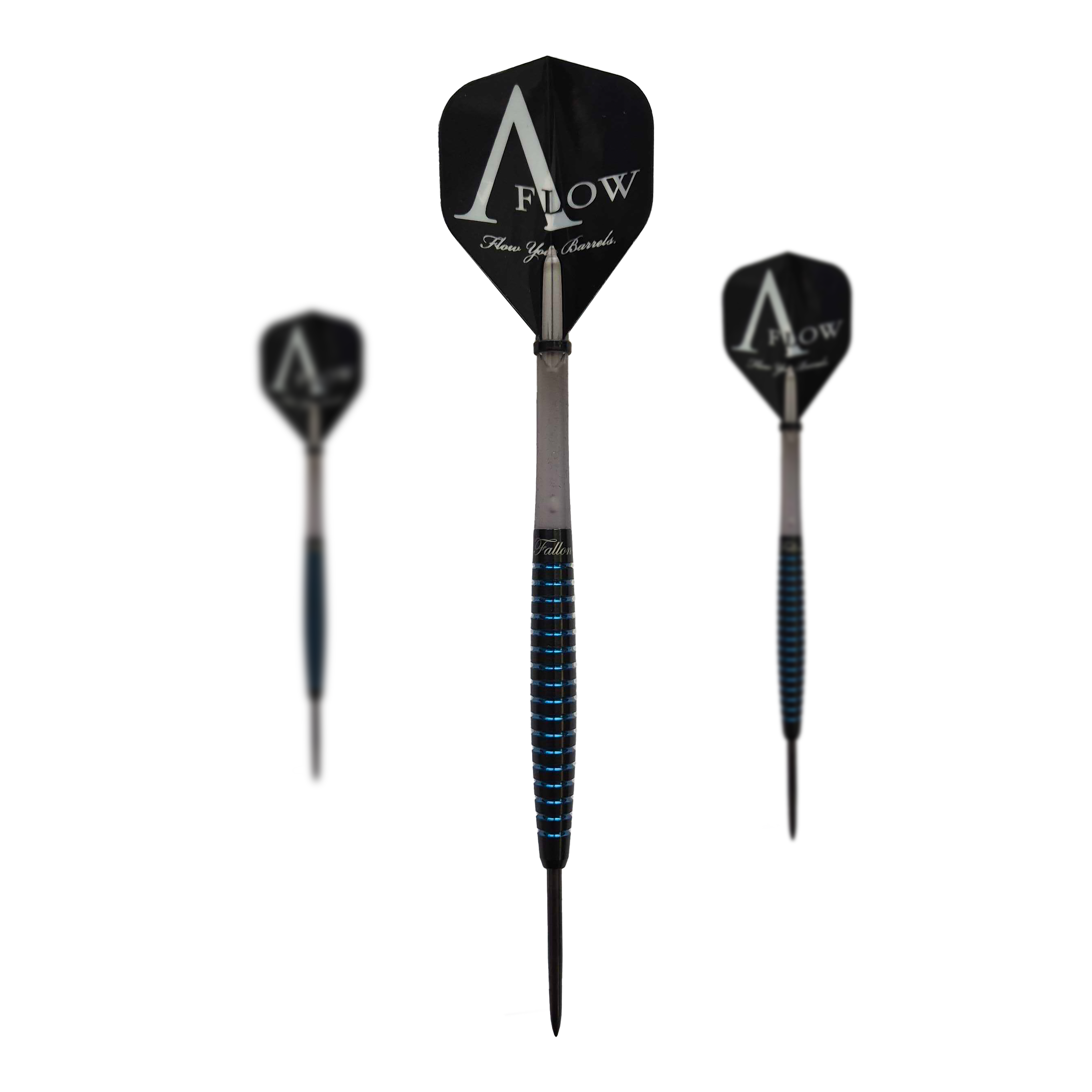 Das Bild zeigt drei schwarze Steeldarts der Marke AFlow mit blauen Akzenten. Auf den Flights steht "AFlow" und der mittlere Dart ist mit einer Unterschrift versehen.