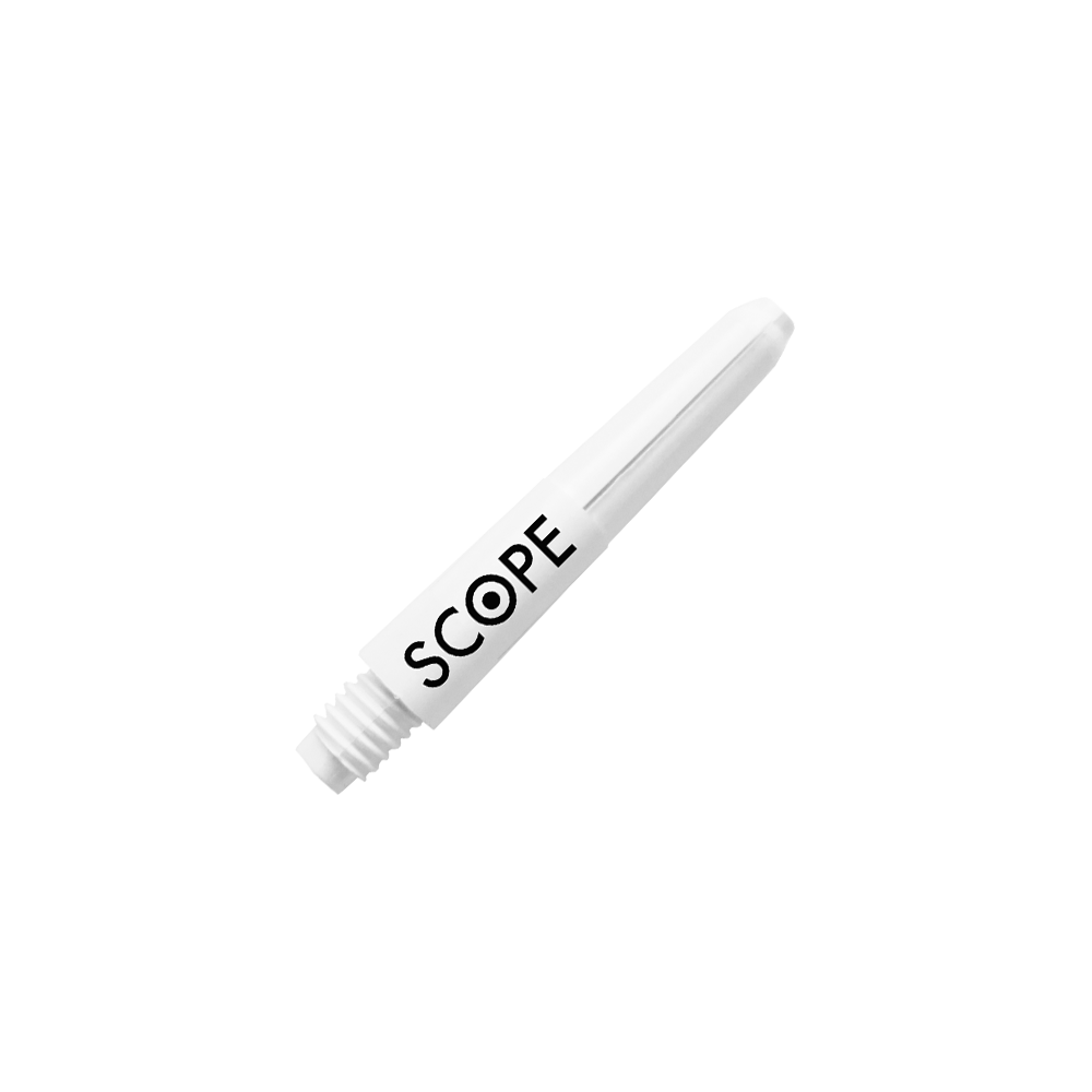 Das Bild zeigt einen weißen Nylon-Schaft für Darts mit der Aufschrift "SCOPE". Es handelt sich um das Produkt "McDart Scope Nylon Shafts".