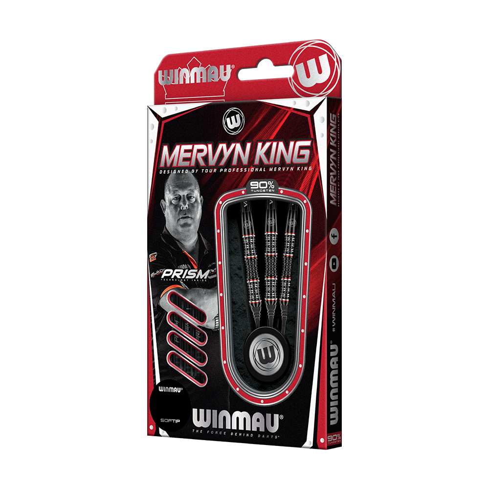 2440_Winmau_Mervyn_King_Special_Edition_Softdarts_3 Die Abbildung zeigt die "Winmau Mervyn King Special Edition Softdarts" in ihrer Verpackung. In der Packung sind drei hochwertige Softdarts mit 90% Tungsten-Anteil zu sehen.
