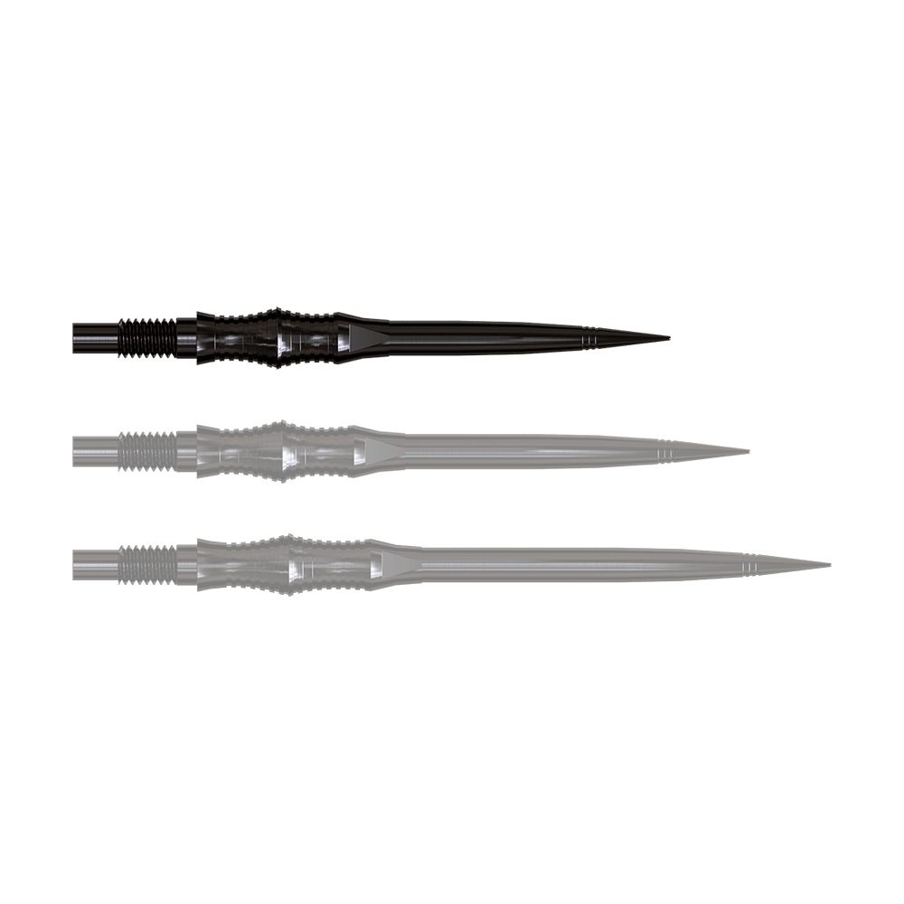 Harrows Quick Point Apex Spire Elite Series Dartspitzen - Schwarz Apex Spire Black Elite Serie Dartspitzen in 30mm sind abgebildet. Die Spitzen sind schmal und schwarz.