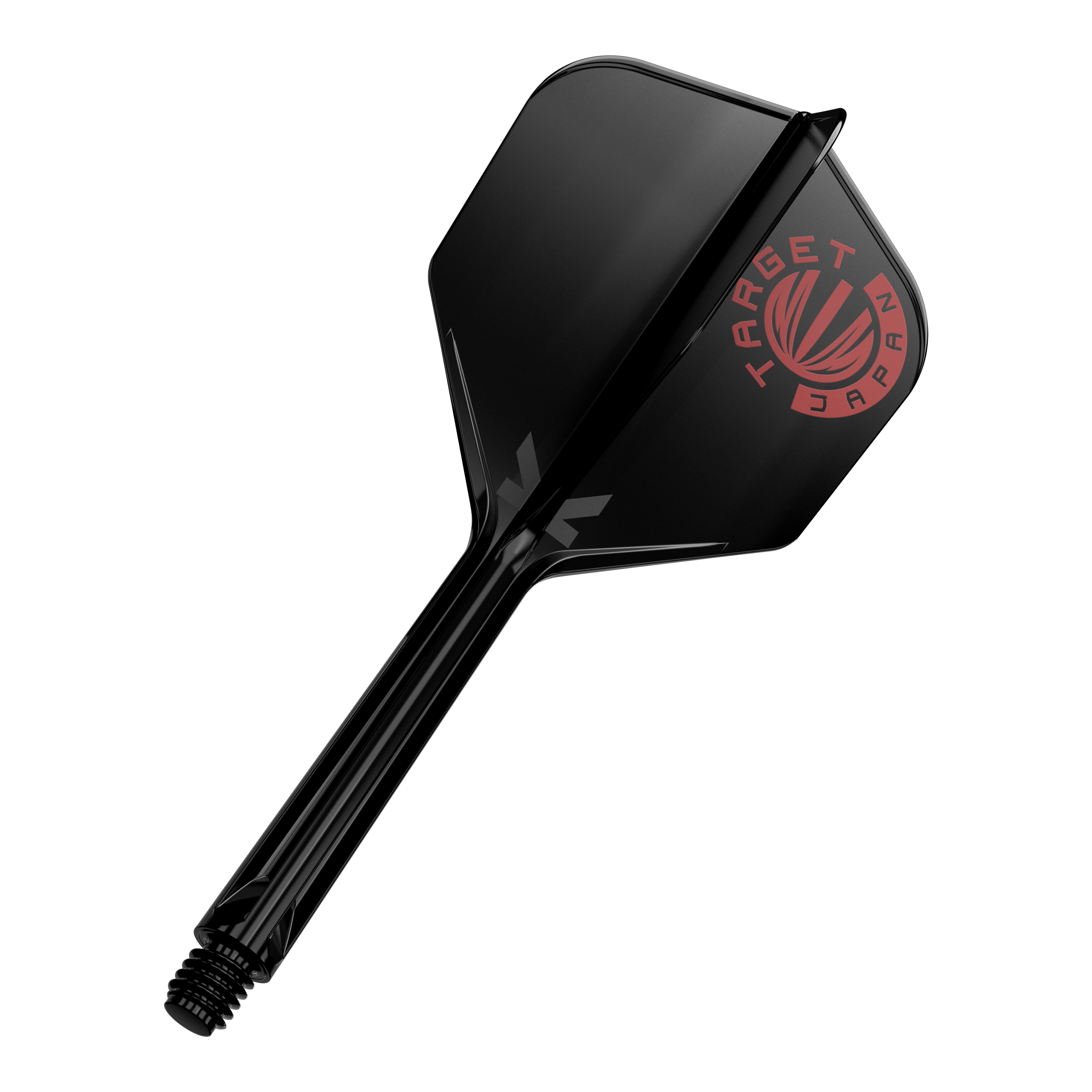 Das Bild zeigt einen schwarzen Dartshaft mit einer schwarzen Dartflügelfeder. Auf der Feder ist ein rotes Logo mit der Aufschrift "TARGET JAPAN" zu sehen.
