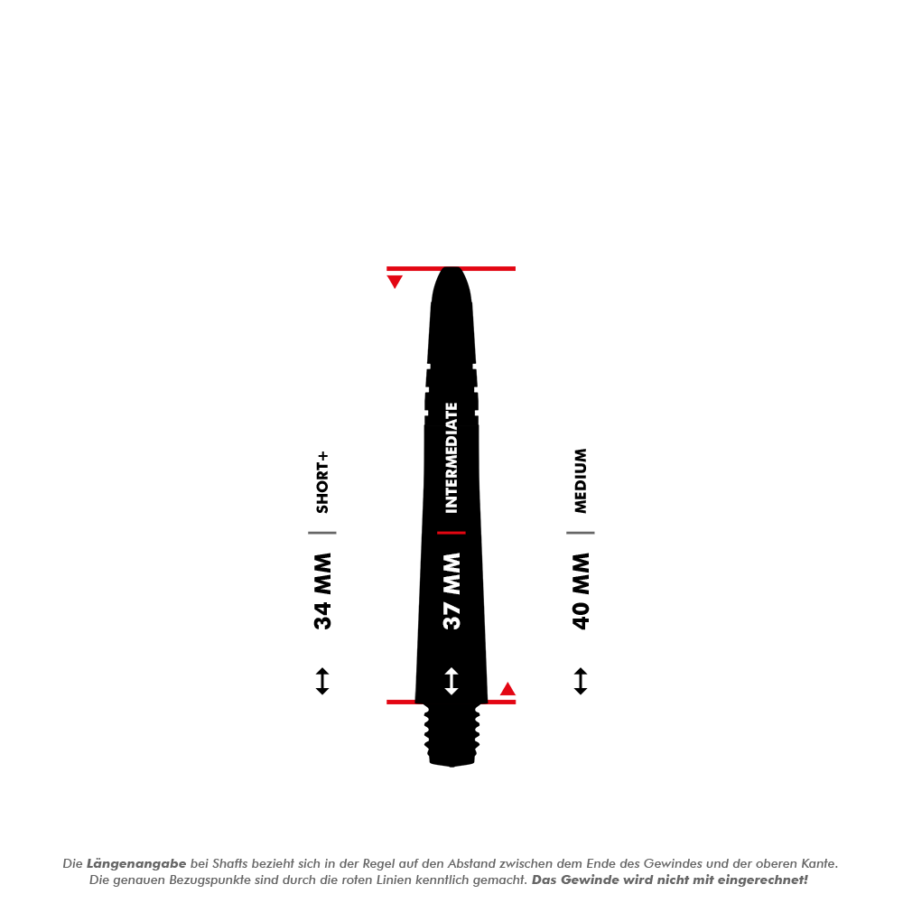 7025_Winmau_Vecta_Shafts_5_37mm Das Bild zeigt einen Winmau Vecta Shaft mit einer Länge von 37 mm in der Ausführung "Intermediate". Es werden außerdem die Längen "Short+" mit 34 mm und "Medium" mit 40 mm zum Vergleich angezeigt.