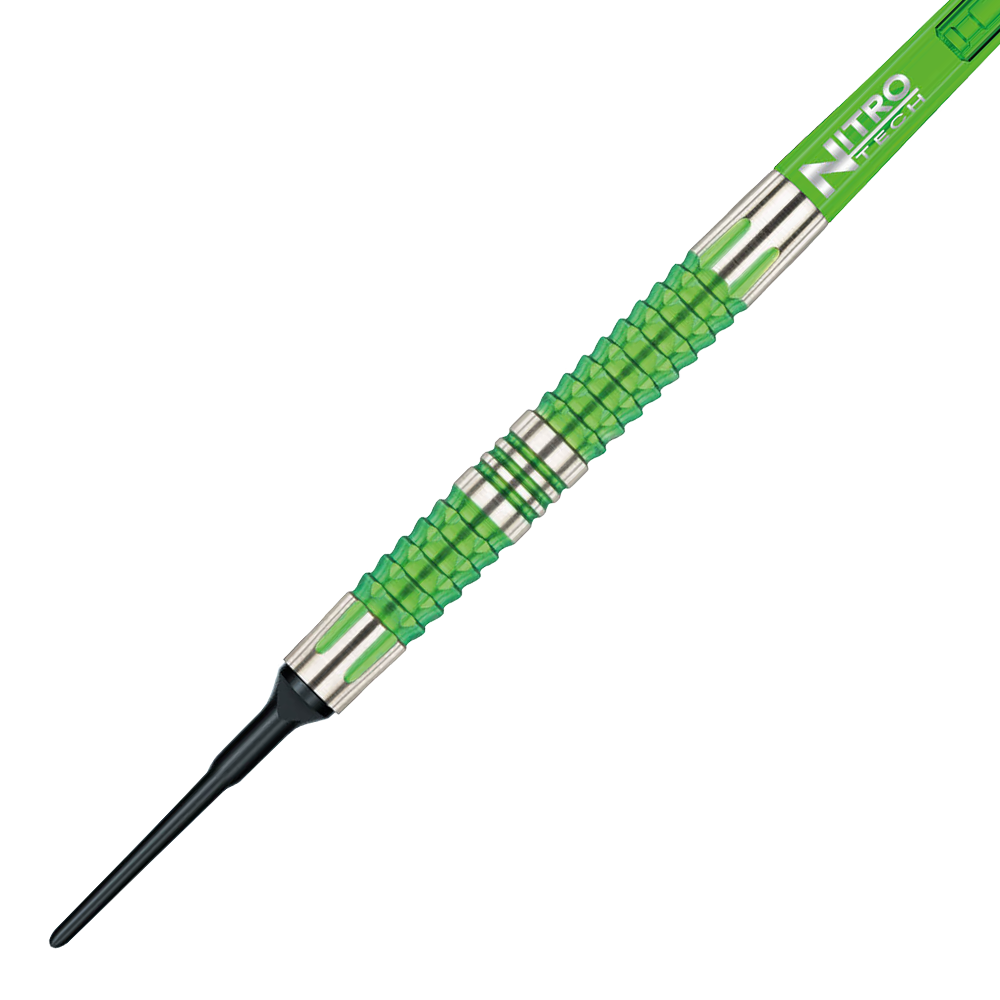 RD1917-Red-Dragon-Peter-Wright-Snakebite-Mamba-2-Softdarts-2 Das Bild zeigt einen Softdart aus der Serie "Red Dragon Peter Wright Snakebite Mamba 2". Der Dart hat grüne und silberne Elemente mit einer strukturierten Griffzone.