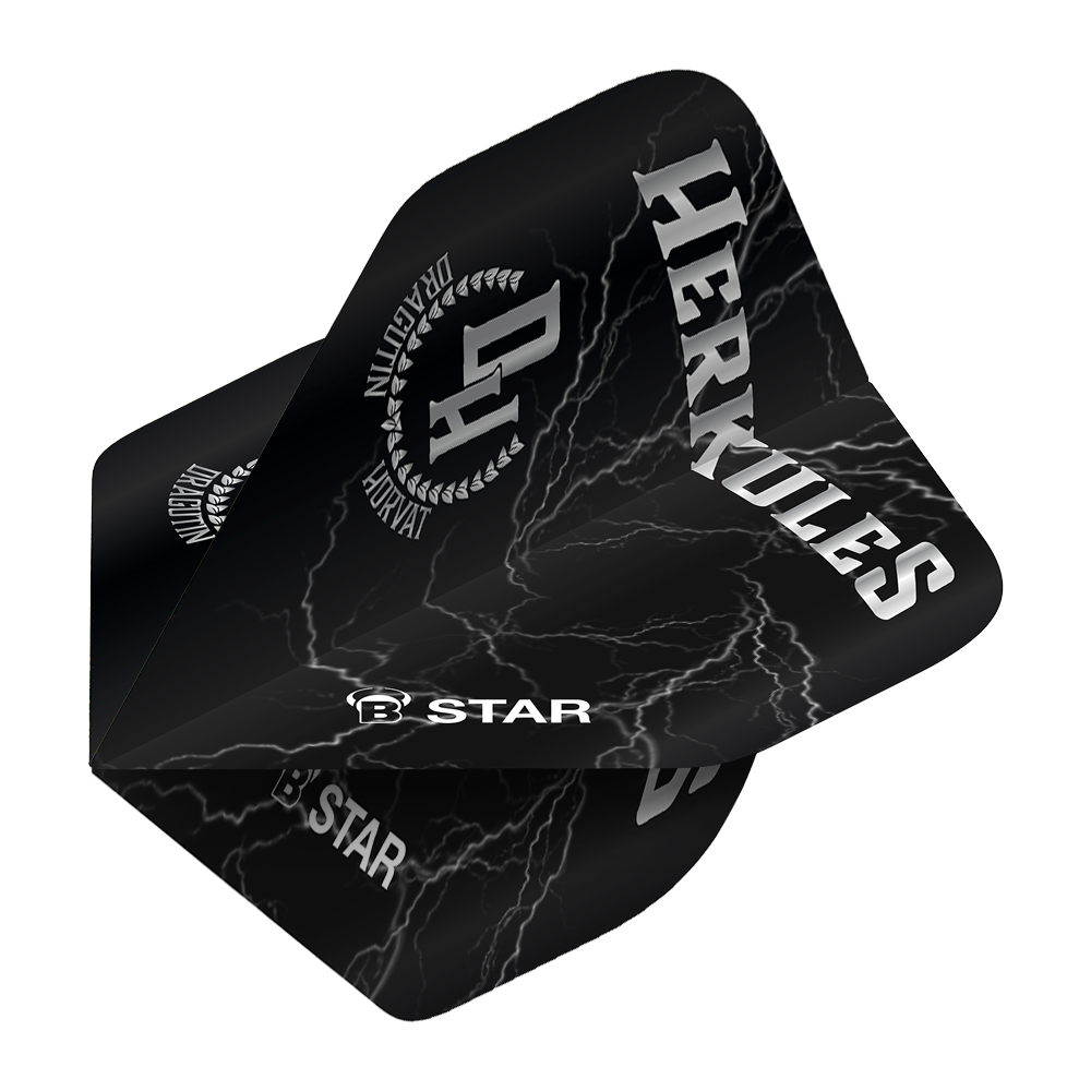 BL51843_Bulls_B-Star_Dragutin_Horvat_No2_Standard_Flights_2 Das Bild zeigt das Produkt "Bulls B-Star Dragutin Horvat No2 Standard Flights". Die Dart-Flights sind schwarz mit Blitzmotiven und weißen Aufschriften wie "HERKULES" und "B STAR".