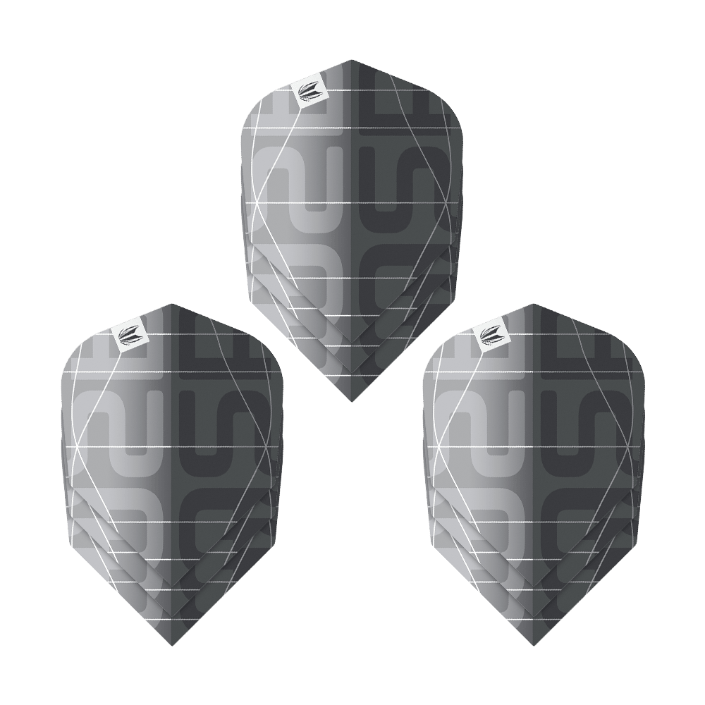 Target Pro Ultra Aspinall X Echo No6 Lotki - 3 zestawy Das Bild zeigt drei Sätze der Target Pro Ultra Aspinall X Echo No6 Flights. Die Flights sind in einem modernen Schwarz-Grau-Design mit geometrischem Muster gehalten.