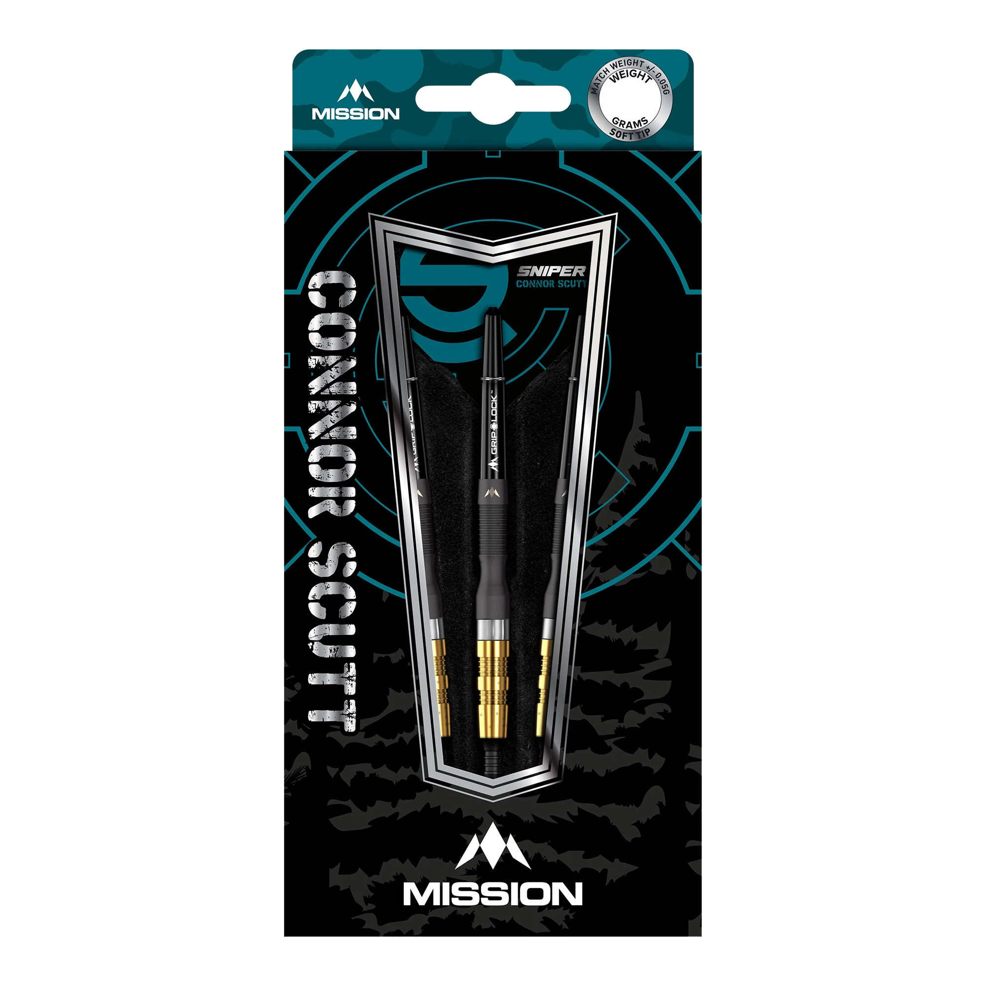 Das Bild zeigt die Mission Connor Scutt Sniper Black Gold Softdarts in einer Verpackung. Die Darts wiegen 20 Gramm und haben ein schwarzes und goldenes Design.