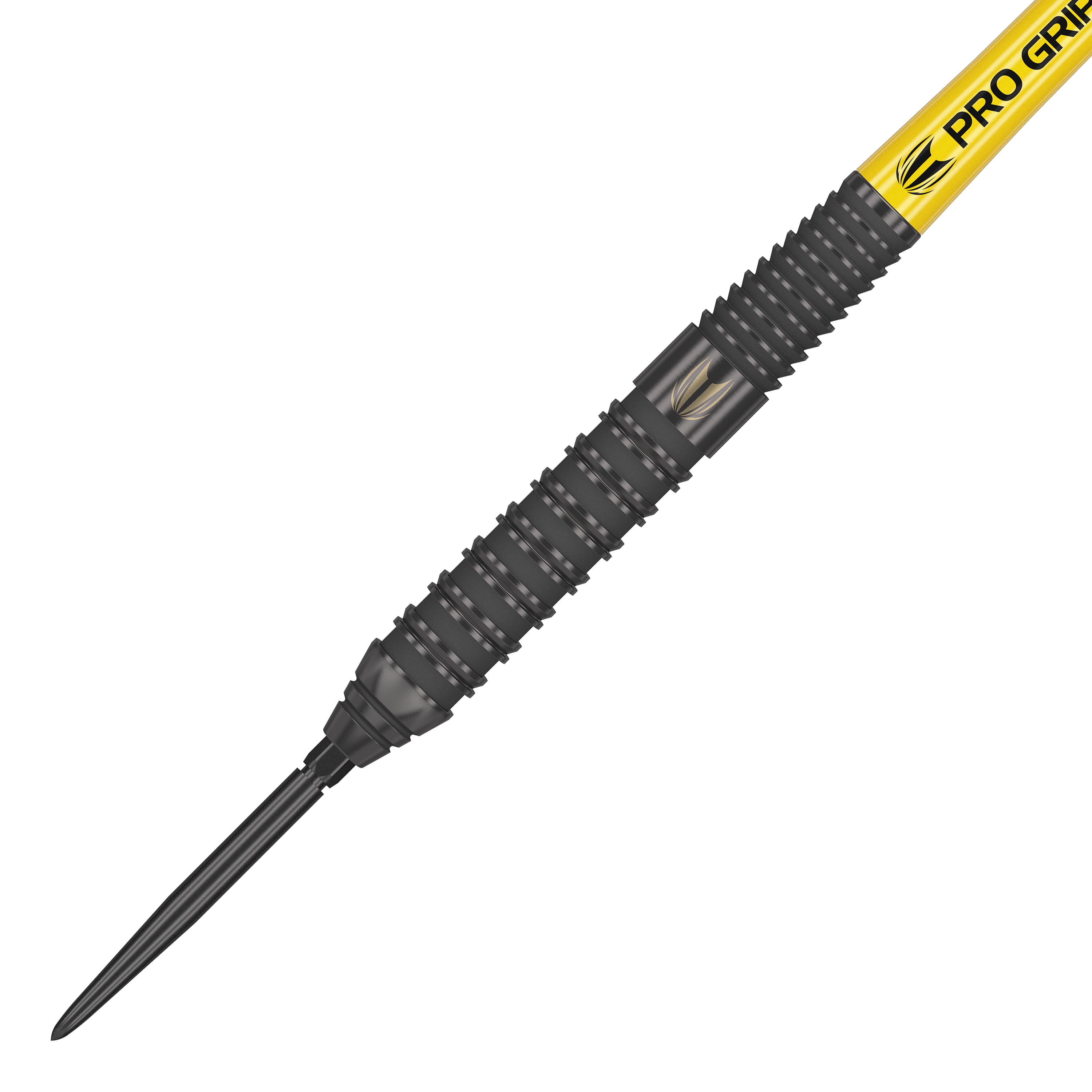 Stalowe lotki Target Bolide Void 02 Swiss Point Das Bild zeigt den Target Bolide Void 02 Swiss Point Steeldart. Der Dart hat ein schwarzes Griffstück mit feinen Rillen und einer gelben „Pro Grip“-Beschriftung am Schaft.