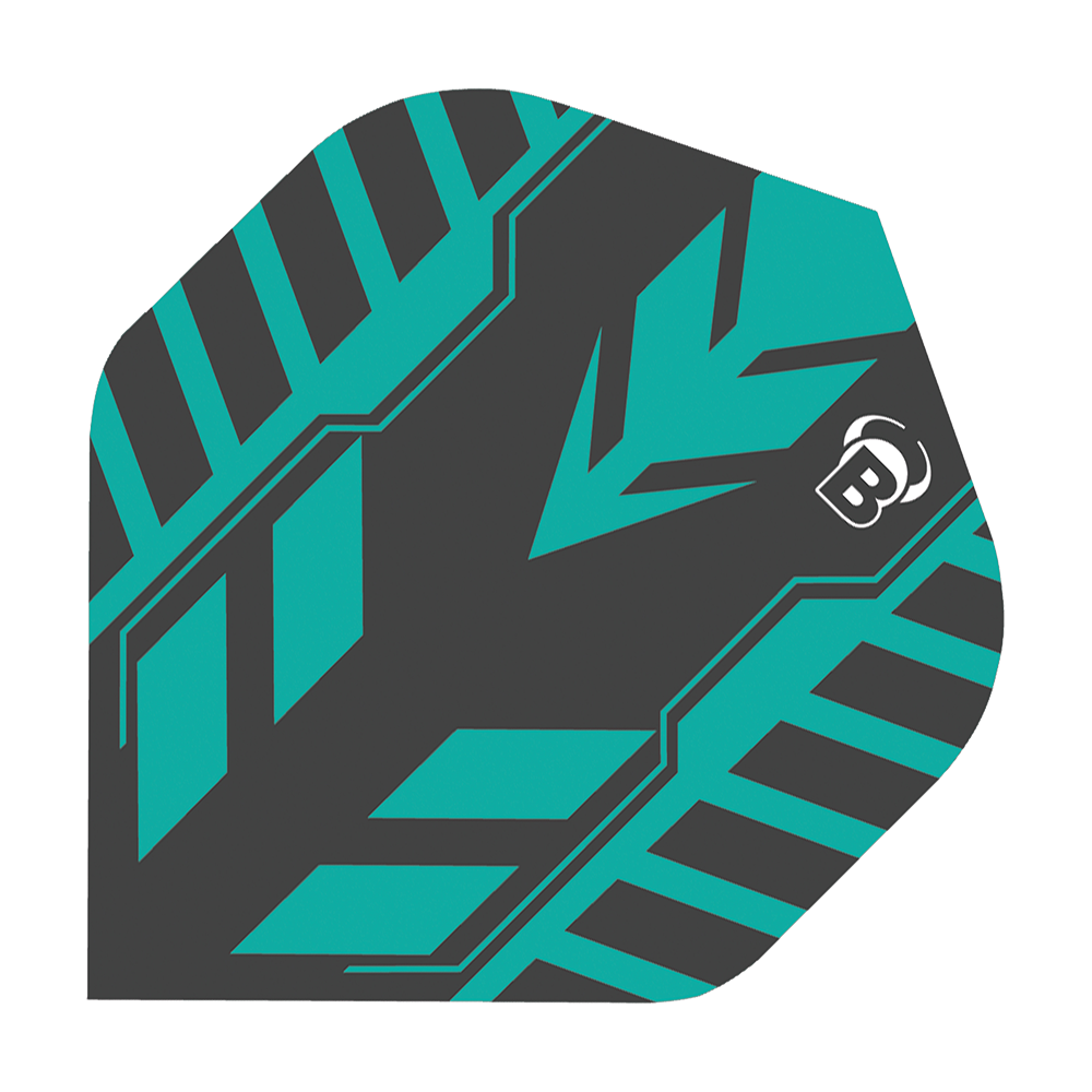 Bulls B-Star Veco No2 Standard Flights Das Bild zeigt ein Dart-Flight des Modells "Bulls B-Star Veco No2 Standard Flights". Das Flight hat ein modernes Design in Schwarz und Türkis mit einem auffälligen Muster und einem kleinen weißen "B"-Logo.