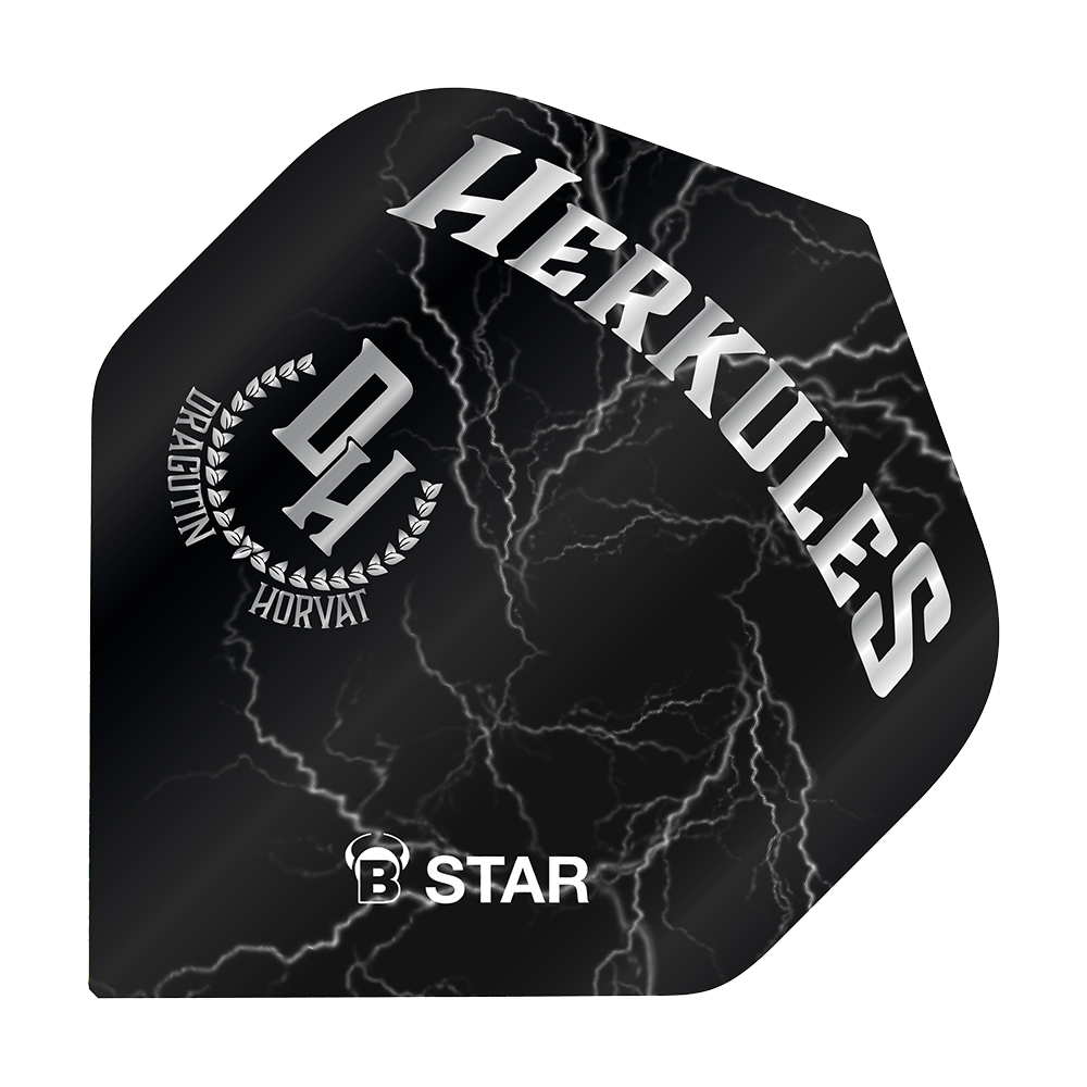 BL51843_Bulls_B-Star_Dragutin_Horvat_No2_Standard_Flights_1 Das Bild zeigt ein Dart Flight mit schwarzem Hintergrund und weißen Blitzen. Auf dem Flight stehen die Wörter "HERKULES", "DRAGUTIN HORVAT" und "B STAR".