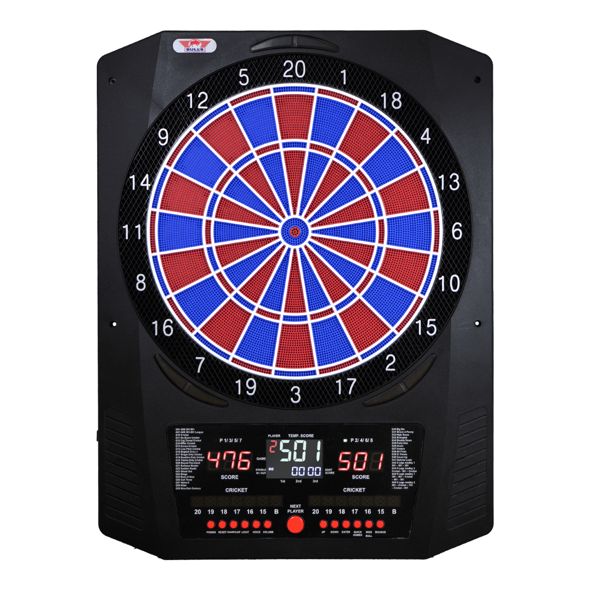 Elektroniczna tarcza do darta Bulls NL Universum Pro Light – niebiesko-czerwona Das Bild zeigt das Bulls NL Universum Pro Light Elektronisches Dartboard in Blau und Rot. Es handelt sich um ein elektronisches Dartboard für präzises Spielen.