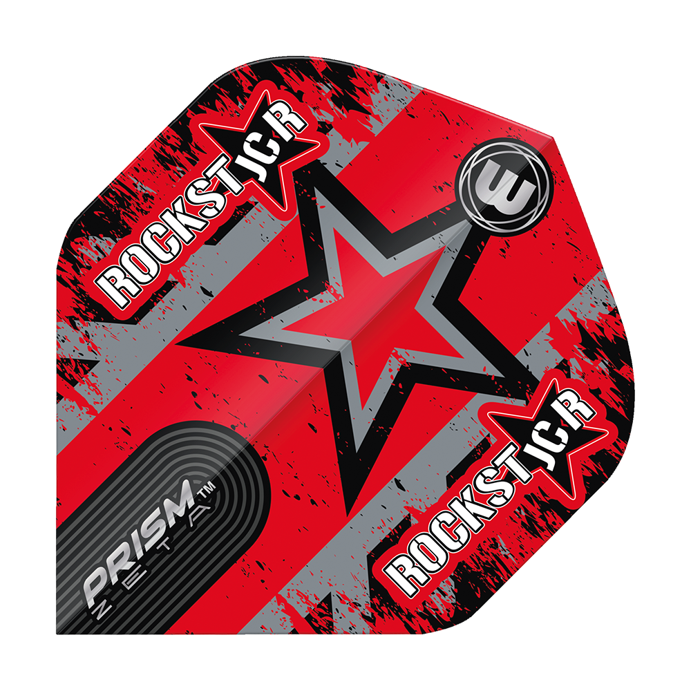 6915-319_Winmau_Prism_Zeta_Joe_Cullen_Star_Standard_Flights_1sa5zk396VgBsJ Das Bild zeigt ein Dartflight mit einem auffälligen roten Stern-Design und dem Schriftzug "ROCKSTAR". Unten links steht "PRISM ZETA" in weißer Schrift auf einem schwarzen Hintergrund.