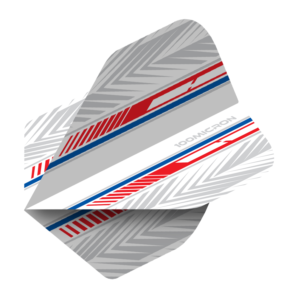 Loty pięcioboju biało-czerwono-niebieskie Das Bild zeigt ein Pentathlon White Red Blue No2 Standard Flight für Darts. Das Design ist überwiegend grau mit roten und blauen Akzenten sowie einem geometrischen Muster.