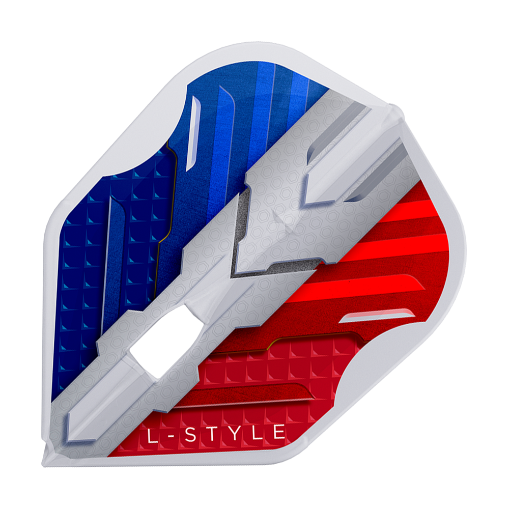 L-Style V-Series V1 Typ B Francja Przezroczysta biel L3PRO Loty Das Bild zeigt das Produkt "L-Style V-Series V1 Type B France Clear White L3PRO Flights". Die Dart-Flight ist in den Farben Blau, Weiß und Rot gestaltet und trägt die Aufschrift "L-STYLE".