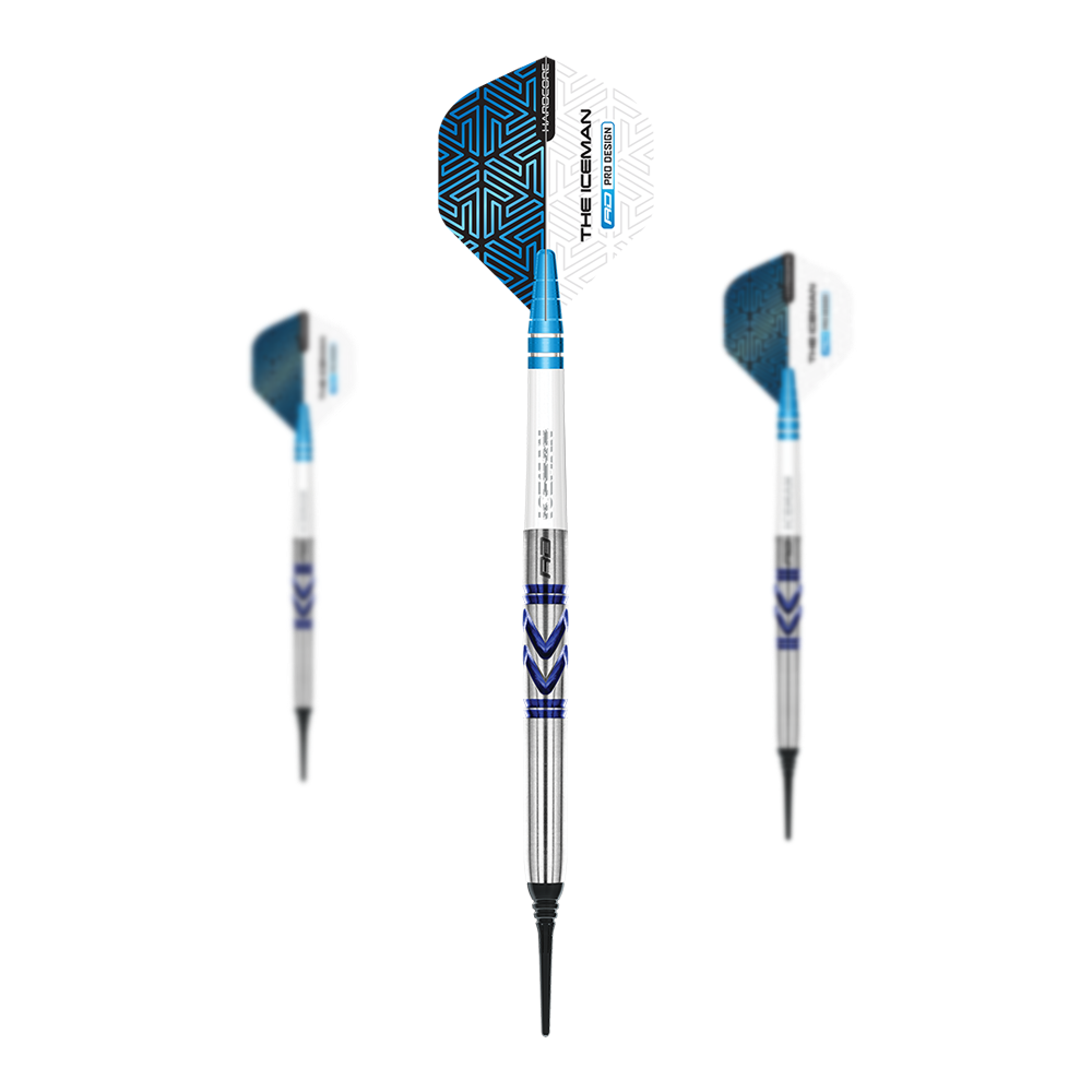 Das Bild zeigt drei Softdarts des Modells "Red Dragon Gerwyn Price Avalanche Pro" mit einem Gewicht von 20g. Die Darts sind silberfarben mit blauen Akzenten und haben Flights mit weiß-blauem Muster.