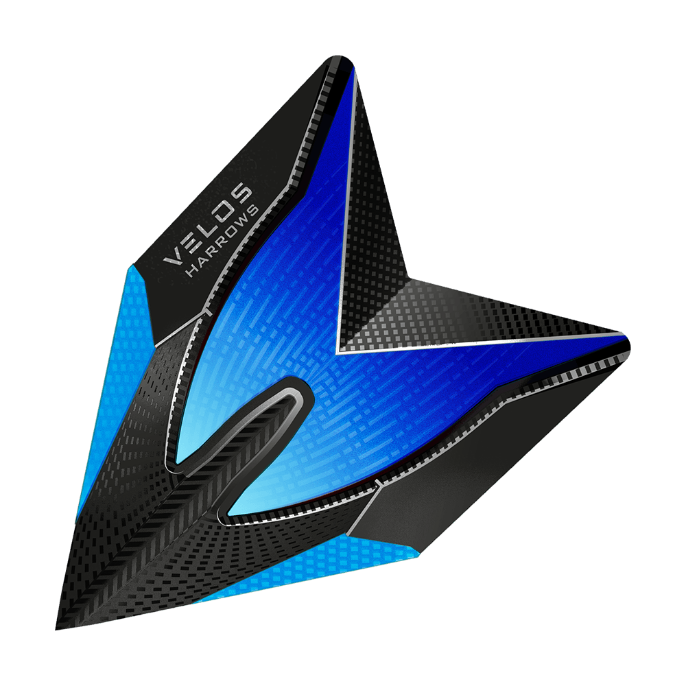 HR1012_Harrows_Blue_2020_Velos_Flights_1 Dies ist ein Harrows Velos Flight in Blau. Das Flight-Design ist modern mit schwarzem und blauem Muster.