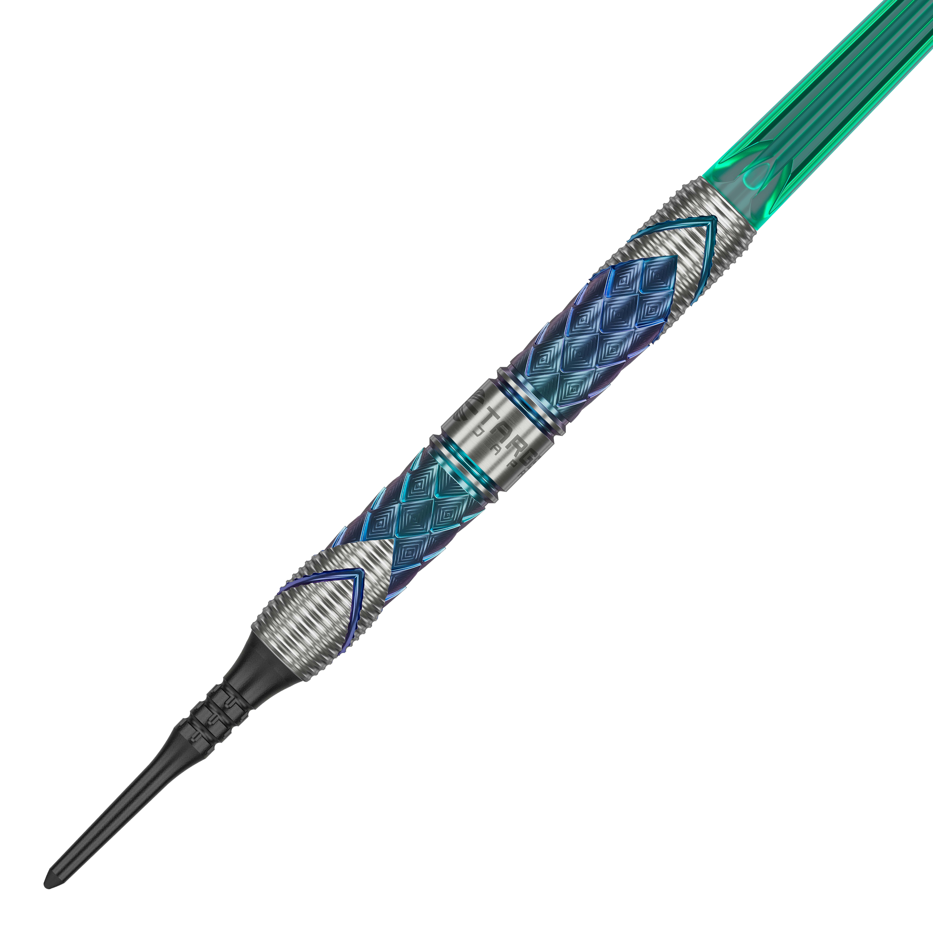 Das Bild zeigt einen Softdart der Marke Target Japan aus der Kaze Series, Modell Ceros 03 mit 19g Gewicht. Der Dartpfeil hat ein auffälliges, diamantförmiges Muster in Blau und Silber sowie einen grünen Schaft.