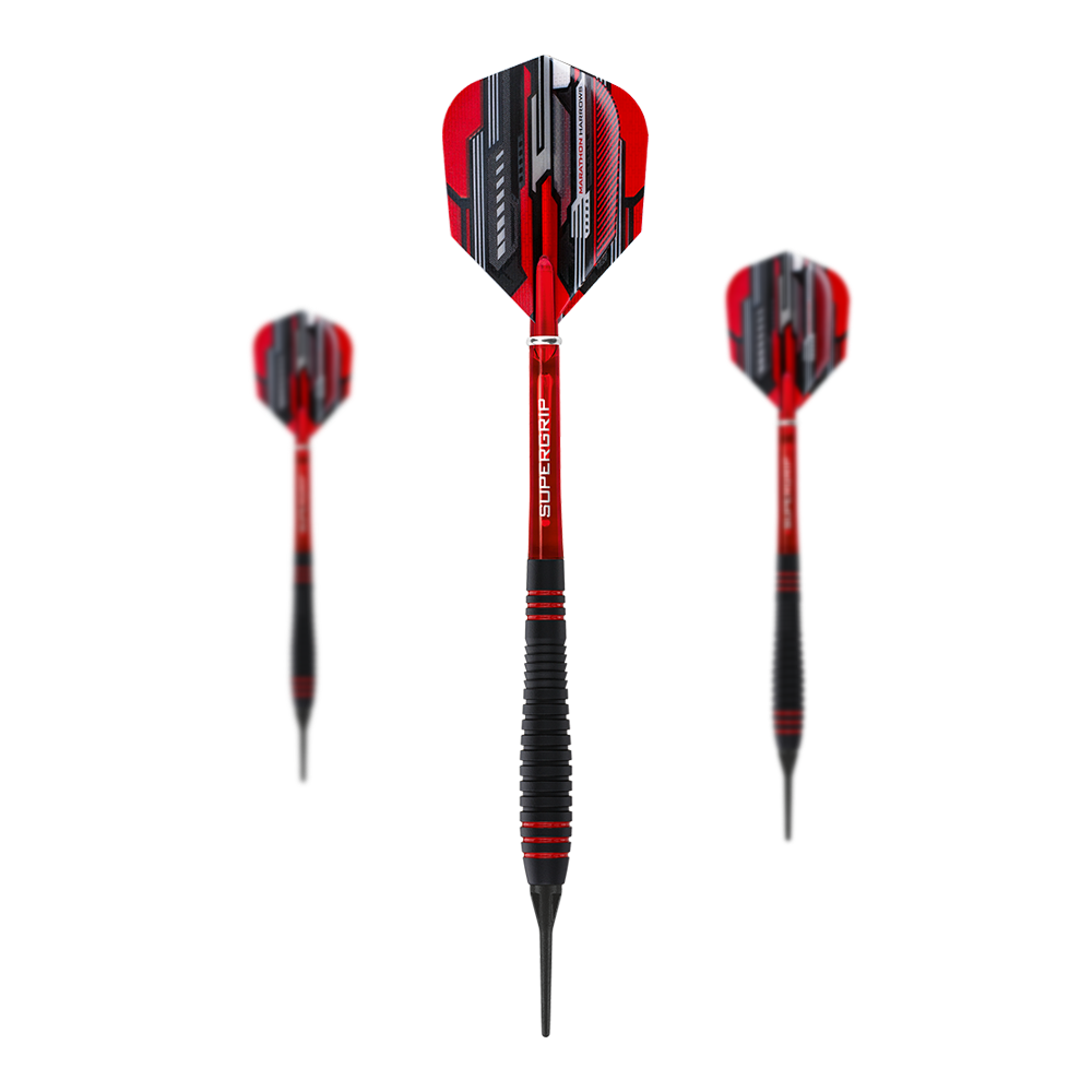 Miękkie lotki Harrows ACE z gumowym uchwytem Auf dem Bild sind drei Harrows ACE Rubber Grip Softdarts zu sehen. Die Pfeile haben rote Flights mit schwarzem und silbernem Muster sowie schwarze Griffe mit roten Akzenten.