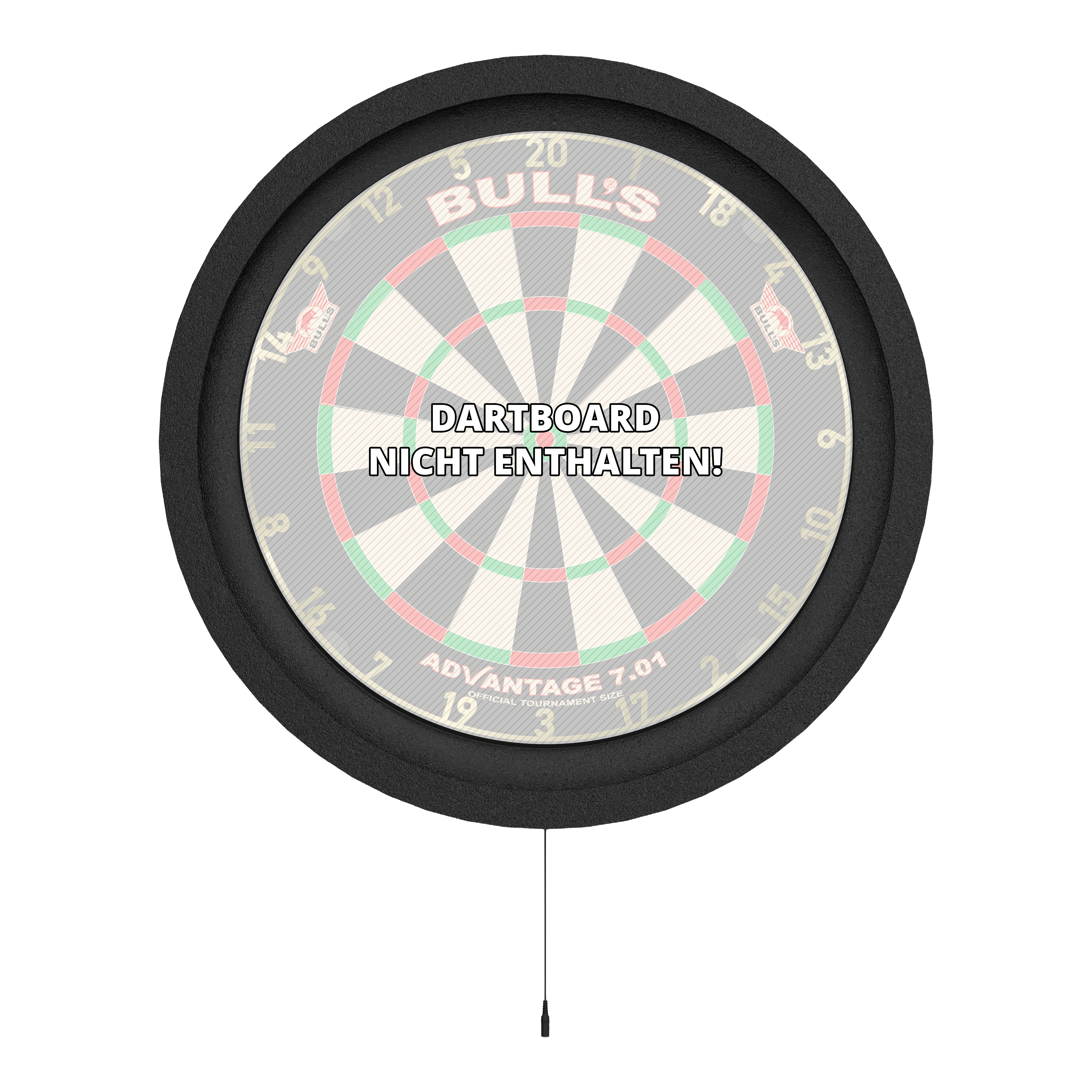 Das Bild zeigt das Bulls NL Lumo 2 Light Surround Beleuchtungssystem, das einen Dartboard-Rahmen mit integrierter Beleuchtung darstellt. In der Mitte steht geschrieben "Dartboard nicht enthalten".