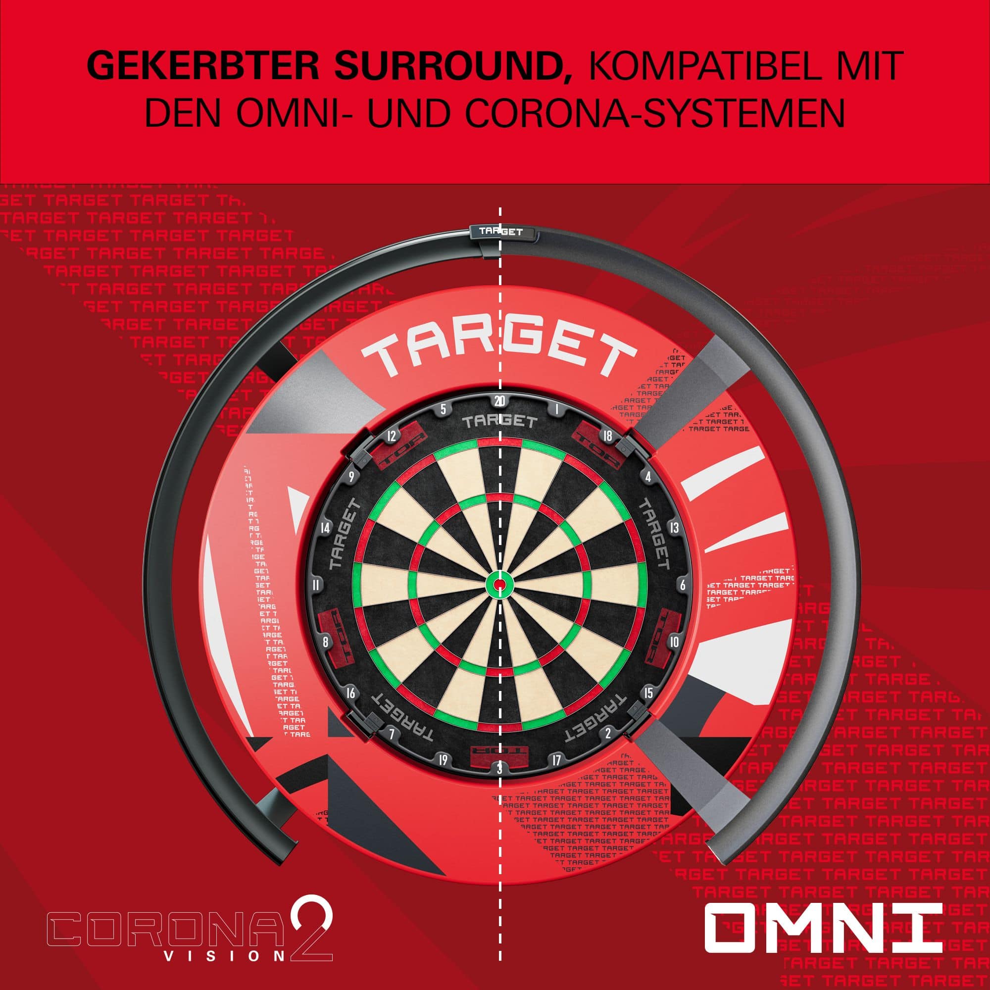 Tarcza do darta z wycięciami i wzorem Abgebildet ist eine rote Dartboard-Umrandung mit Muster. Die Oberfläche weist feine Strukturen auf.
