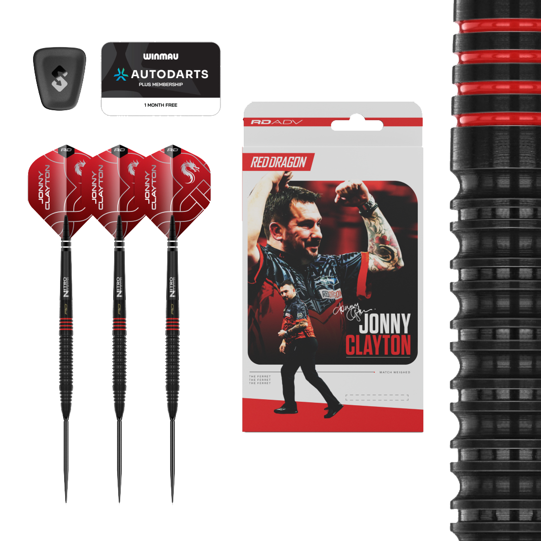 Czerwone strzałki Dragon Jonny Clayton RD-ADV Switch Point Steel Darts Abgebildet ist ein Set Red Dragon Jonny Clayton RD-ADV Switch Point Steeldarts. Die Darts sind deutlich zu erkennen und die Beschriftung ist lesbar.