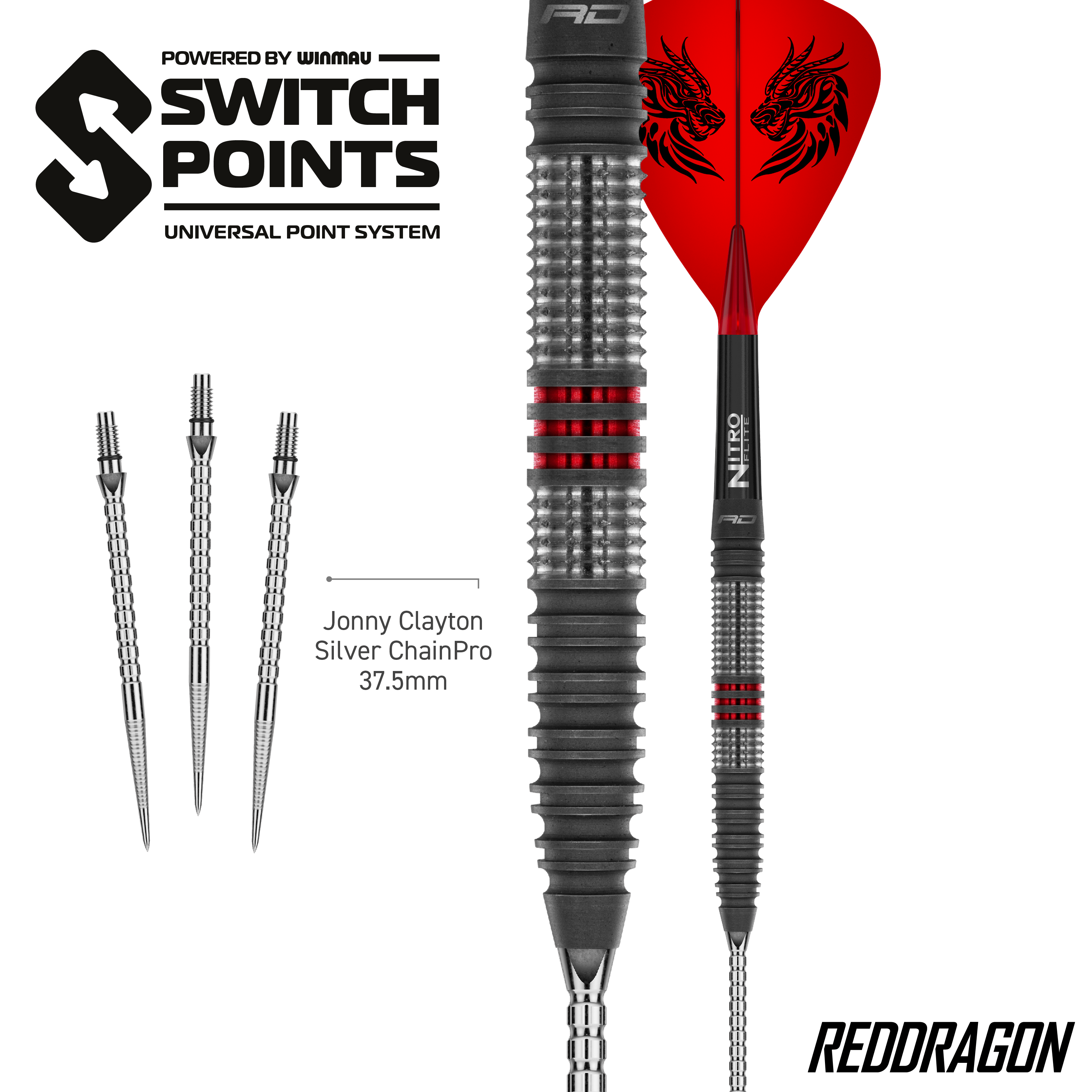Abgebildet sind Red Dragon Jonny Clayton Hireath Switch Point Steeldarts. Diese Darts überzeugen durch ihre spezielle Form und hohe Qualität.