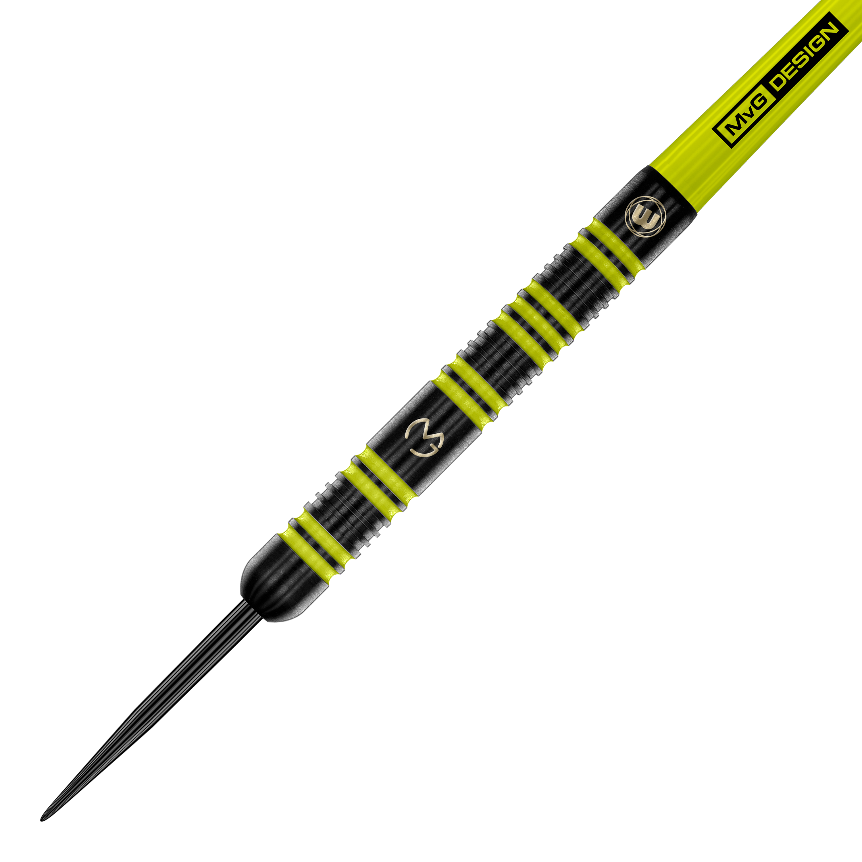 Stalowe rzutki Winmau Michael Van Gerwen 85 Pro-Series Das Bild zeigt einen Winmau Michael Van Gerwen 85 Pro-Series Steeldart. Der Dart ist schwarz mit auffälligen gelb-grünen Ringen und hat das MVG-Logo eingraviert.