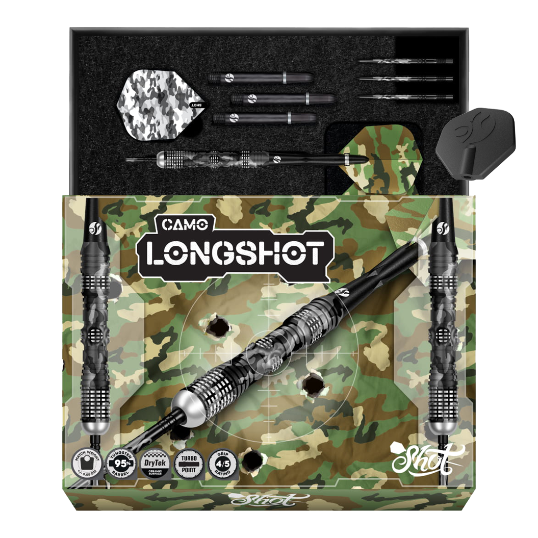 Shot Camo Longshot Turbo Point Steeldarts 23g sind Dartpfeile mit Tarnmuster. Die Pfeile werden nebeneinander präsentiert.