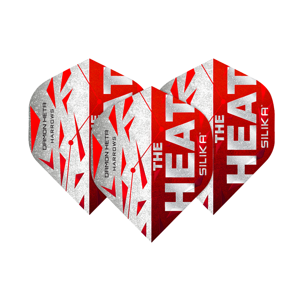 Loty Harrowa Silika Damona Hety z serii 3 Das Bild zeigt drei Dart-Flights der Serie "Harrows Silika Damon Heta Series 3". Die Flights sind in Rot, Weiß und Silber gestaltet und tragen die Aufschrift "THE HEAT" sowie "SILIKA".