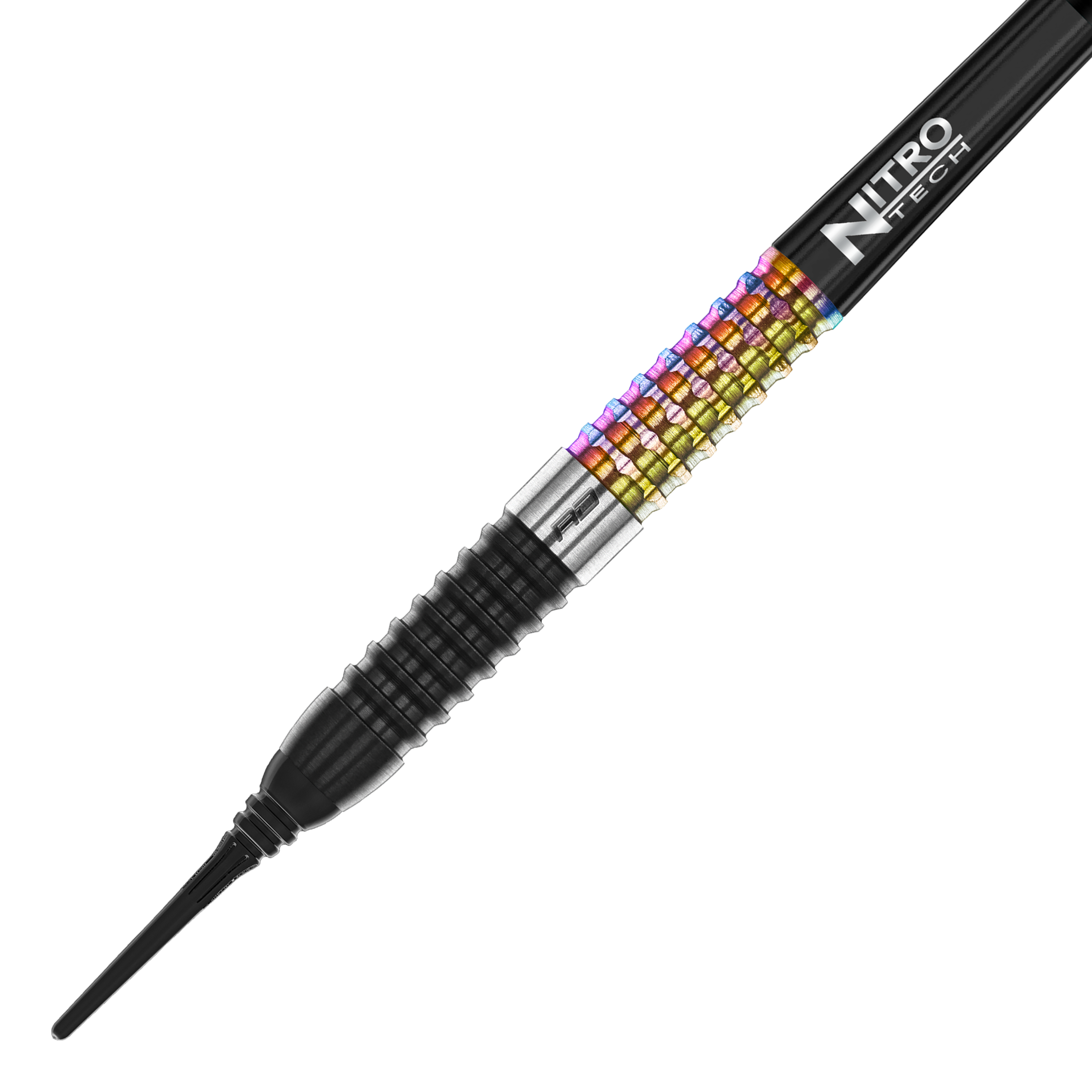 Das Bild zeigt einen Red Dragon Peter Wright Corra Softdart mit 18g Gewicht. Der Dart hat ein farbiges, geriffeltes Griffstück und eine schwarze Spitze.