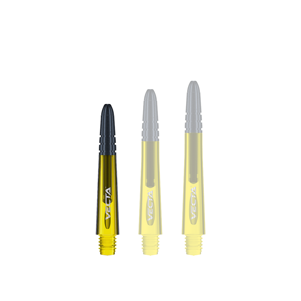 7025-106_Winmau_Vecta_Shafts_Gelb_34mm_1TzRYGOTg2Usas Das Bild zeigt drei gelbe Winmau Vecta Shafts in unterschiedlichen Längen. Die Schäfte haben schwarze Spitzen und sind mit dem Schriftzug "Vecta" versehen.