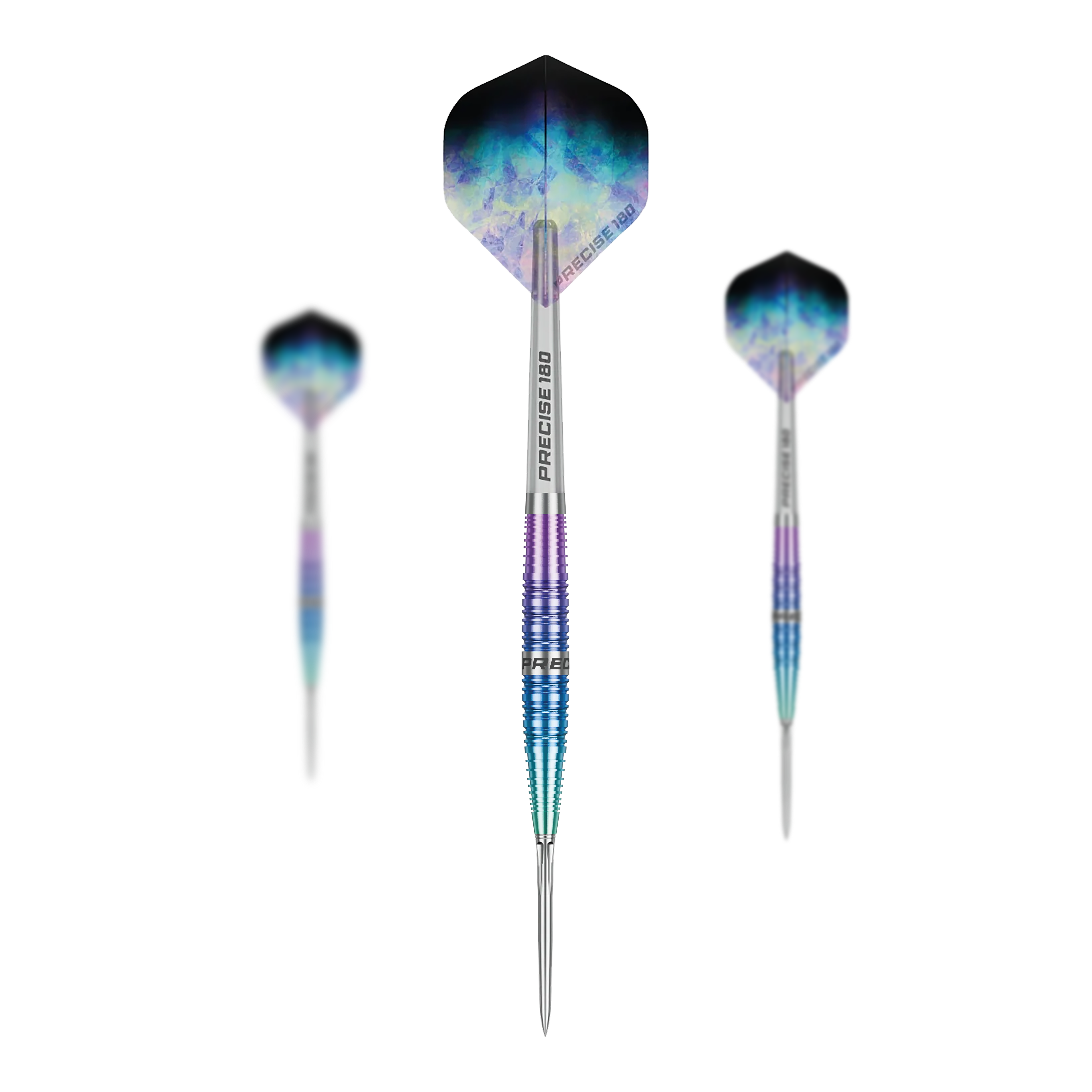 Precyzyjne stalowe lotki Northern Lights 180 Die Precise 180 Northern Lights Steeldarts sind als Set dargestellt. Mehrere Dartpfeile sind gemeinsam angeordnet.