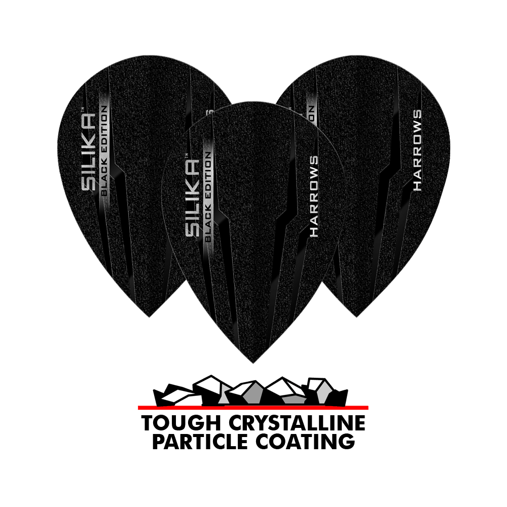 Harrow's Silica Black-Edition Pear Flights Das Bild zeigt die Harrows Silika Black-Edition Pear Flights, die in Schwarz mit silberner Beschriftung gestaltet sind. Unten im Bild steht „TOUGH CRYSTALLINE PARTICLE COATING“, was auf eine widerstandsfähige, kristalline Beschichtung hinweist.