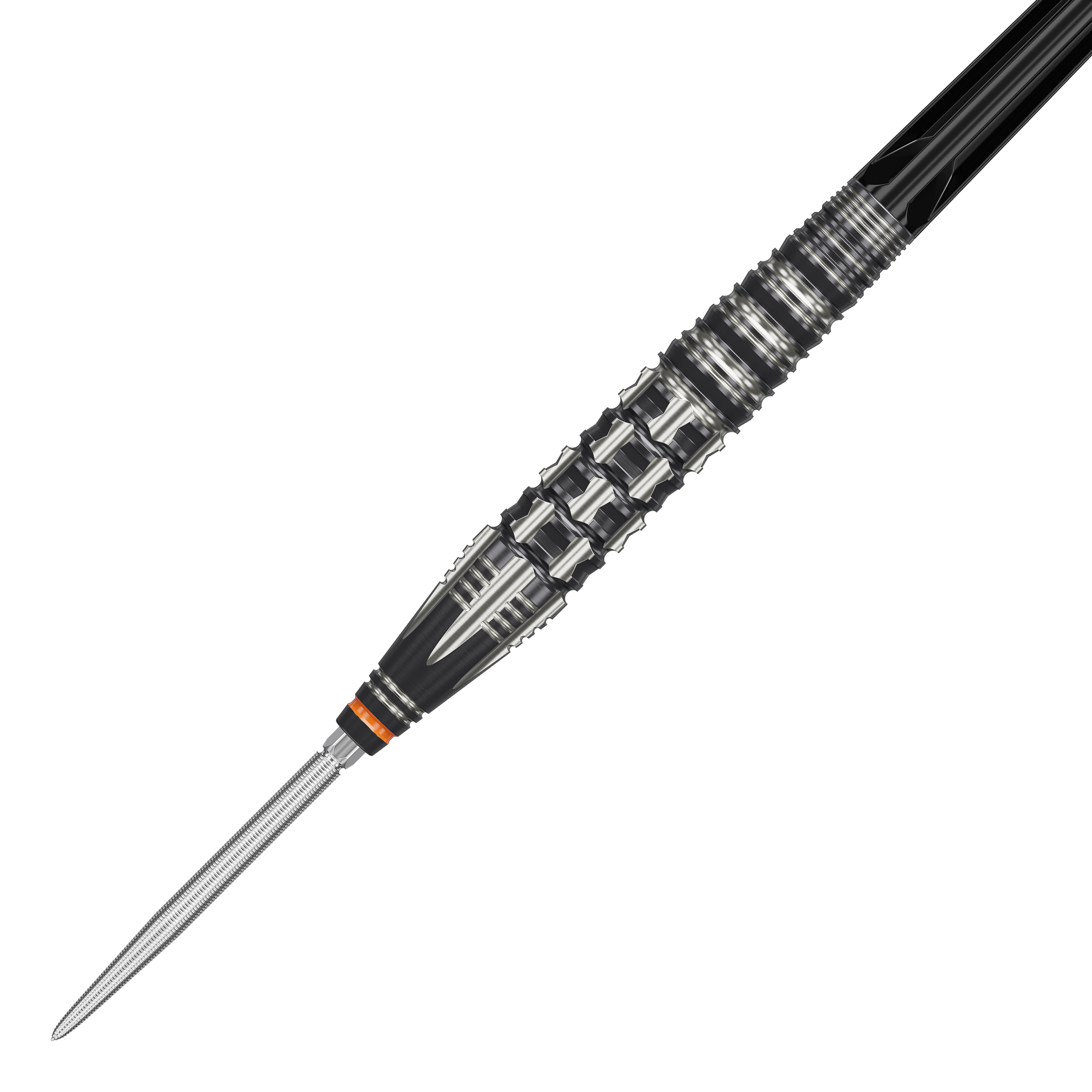 Das Bild zeigt einen Target Japan Black Marque Dancing Duck GEN 4 Steeldart. Der Dart hat ein auffälliges, schwarz-silbernes Design mit markanten Rillen für besseren Halt.