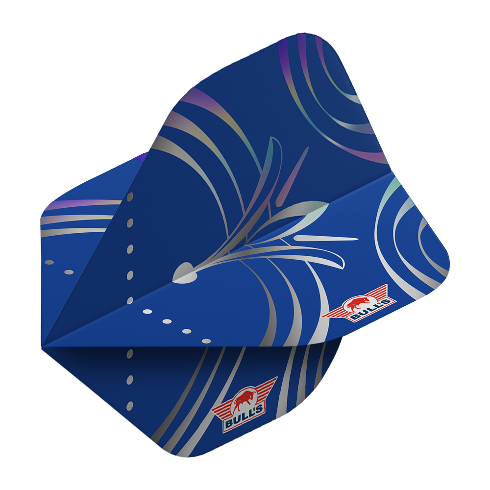 Bulls NL Series 100 Silvian No2 Standard Flights Das Bild zeigt einen blauen Dartflug mit silbernen Linien und Mustern. In der Ecke ist das rote Bulls NL-Logo zu sehen.