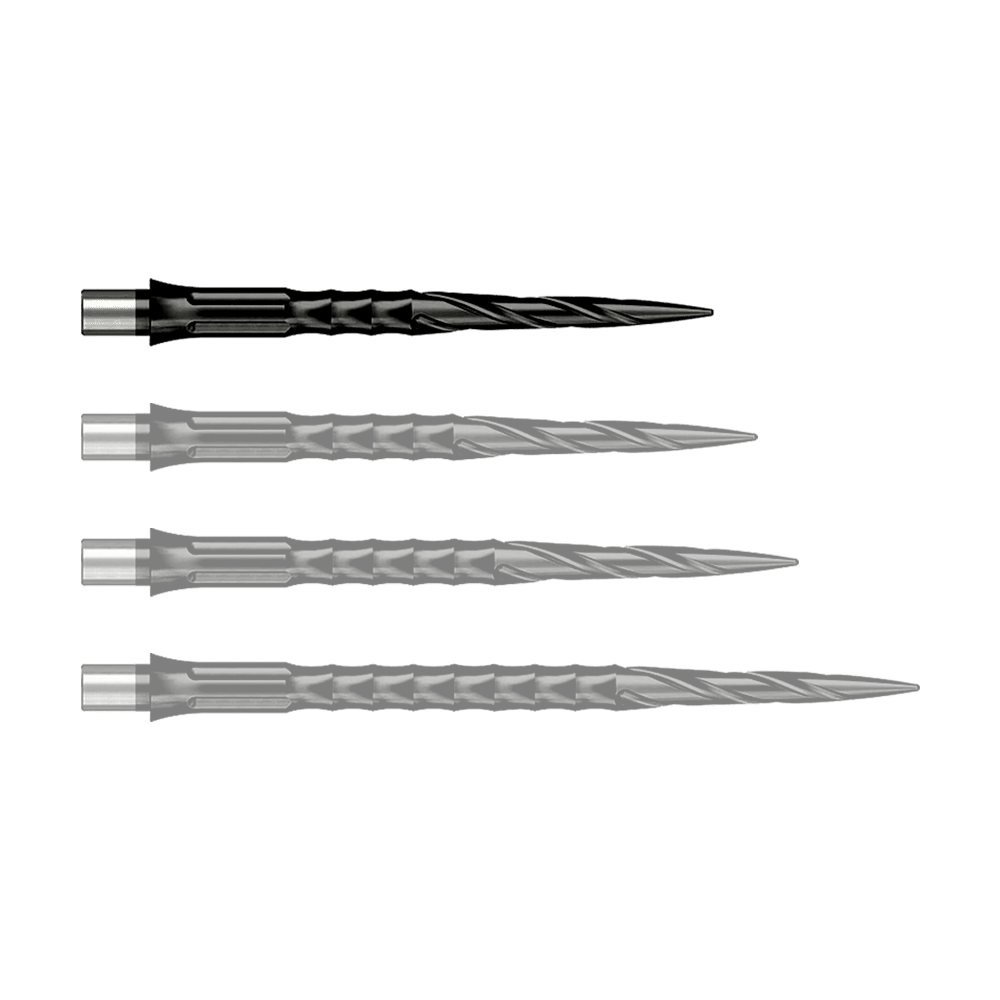 Stalowe groty do lotek Caliburn System - Spiro - Bez warg - Czarne Das Foto zeigt Caliburn Evo System Steeldartspitzen Spiro NoLip Black in 28 mm Länge. Diese Dartspitzen sind in Schwarz gehalten und besonders langlebig.